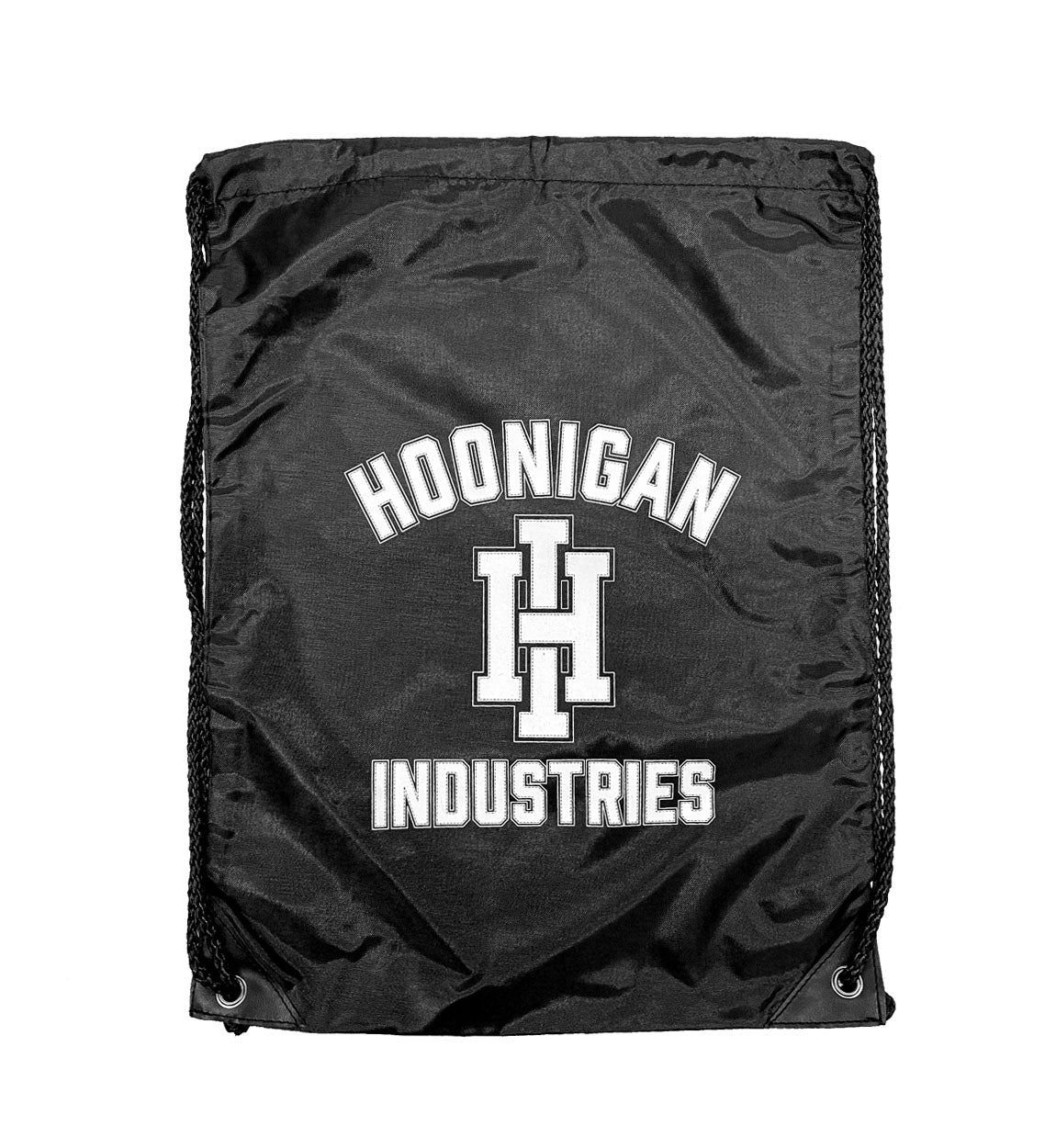 Hoonigan HOONIVERSITY black and white drawstring bag featuring the Hoonigan logo.