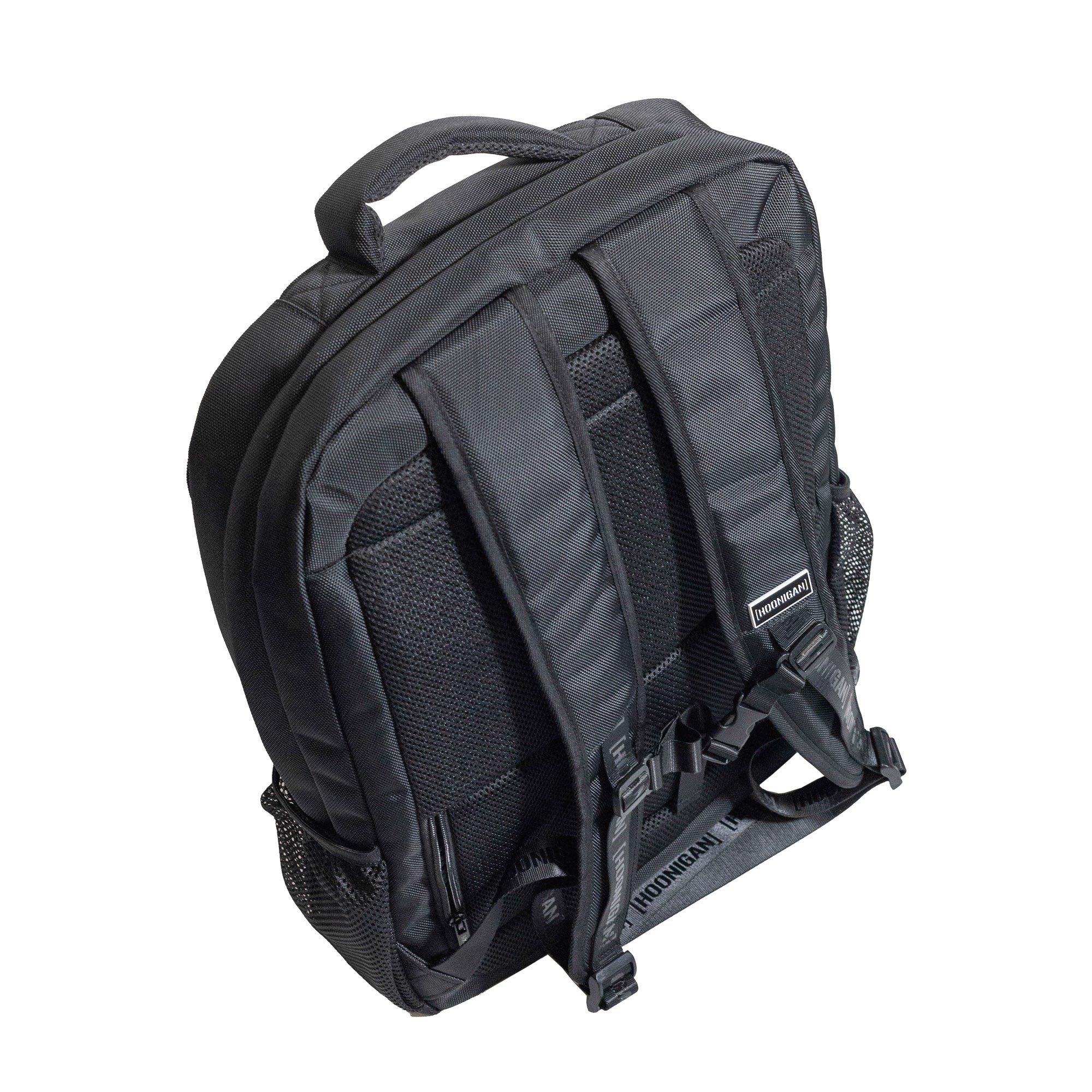 Hoonigan METAL BAR Backpack featuring a sleek black design with bold logo and adjustable straps.