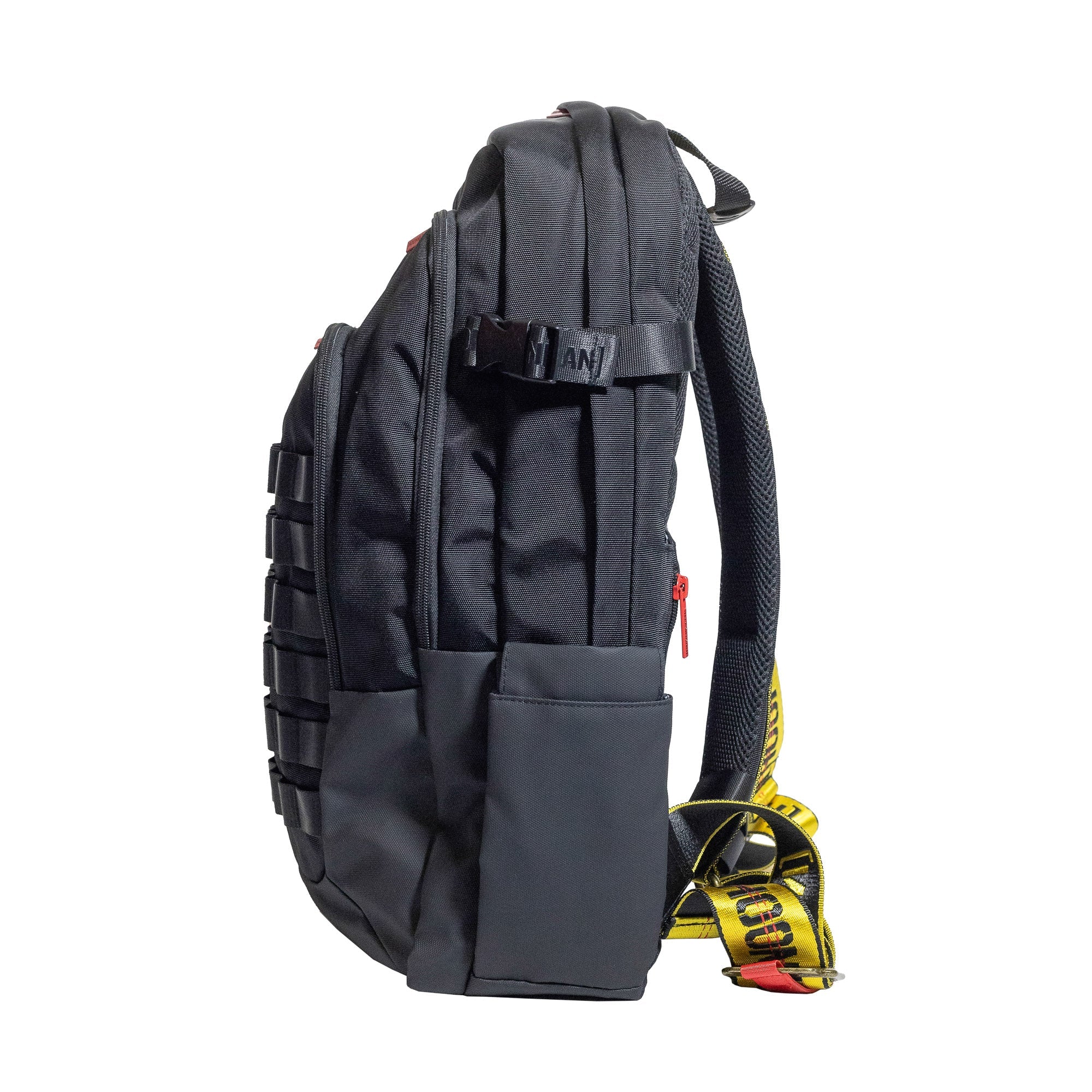 Hoonigan Ratchet Strap Backpack featuring a sleek black design and adjustable ratchet straps, ideal for outdoor activities and everyday use.