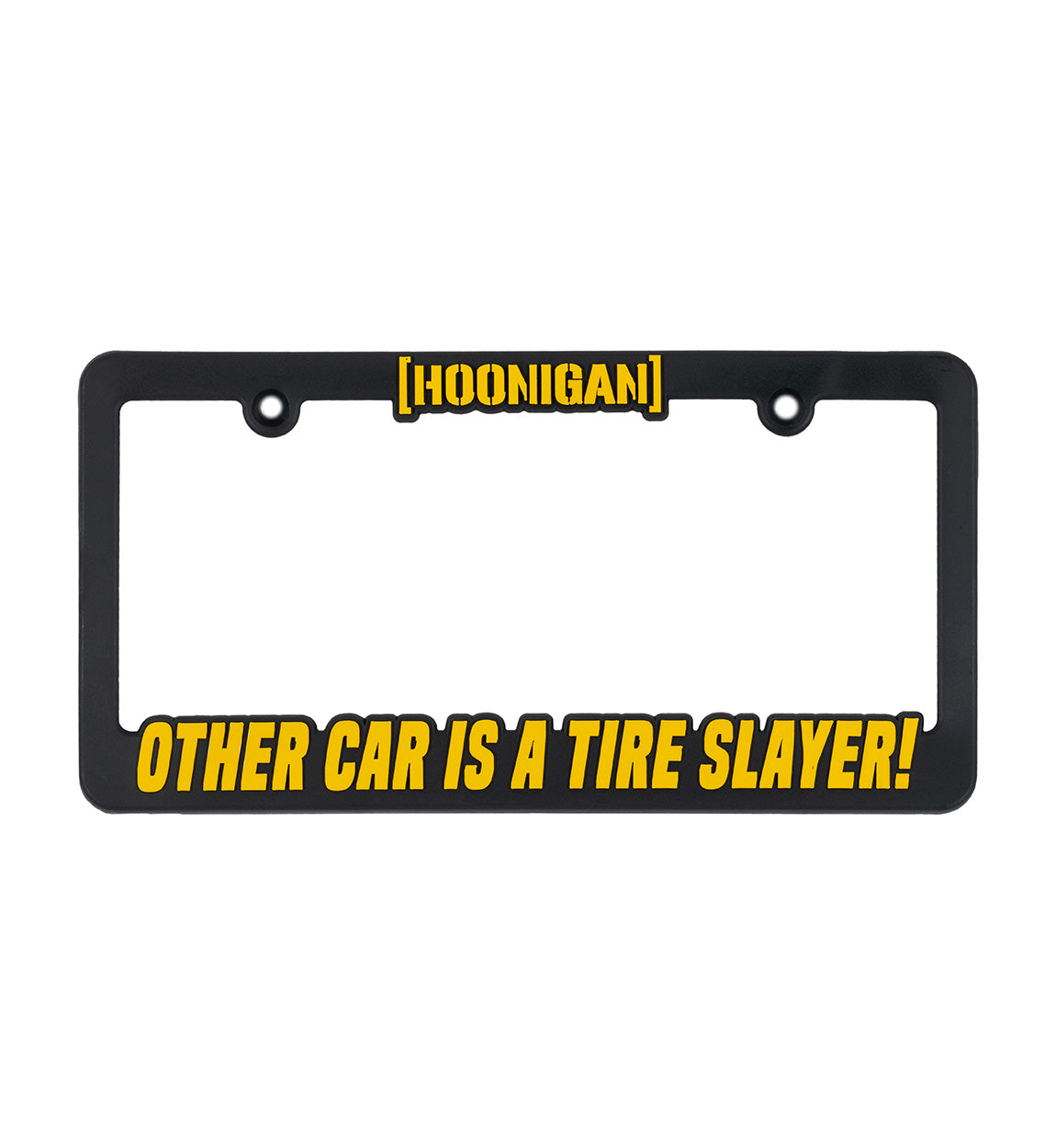 Hoonigan OTHER CAR black and yellow license plate frame showcasing bold lettering and a modern design.