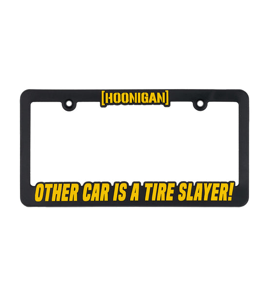 Hoonigan OTHER CAR black and yellow license plate frame showcasing bold lettering and a modern design.