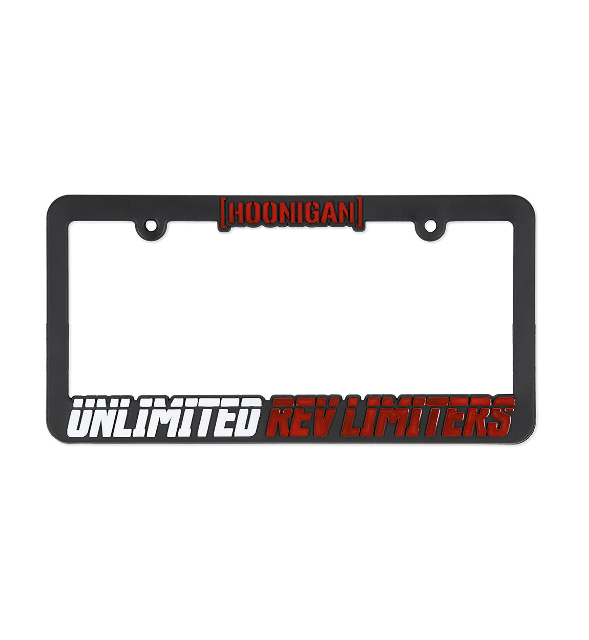 Hoonigan UNLIMITED REV LIMITERS black and white license plate frame with a sleek design.
