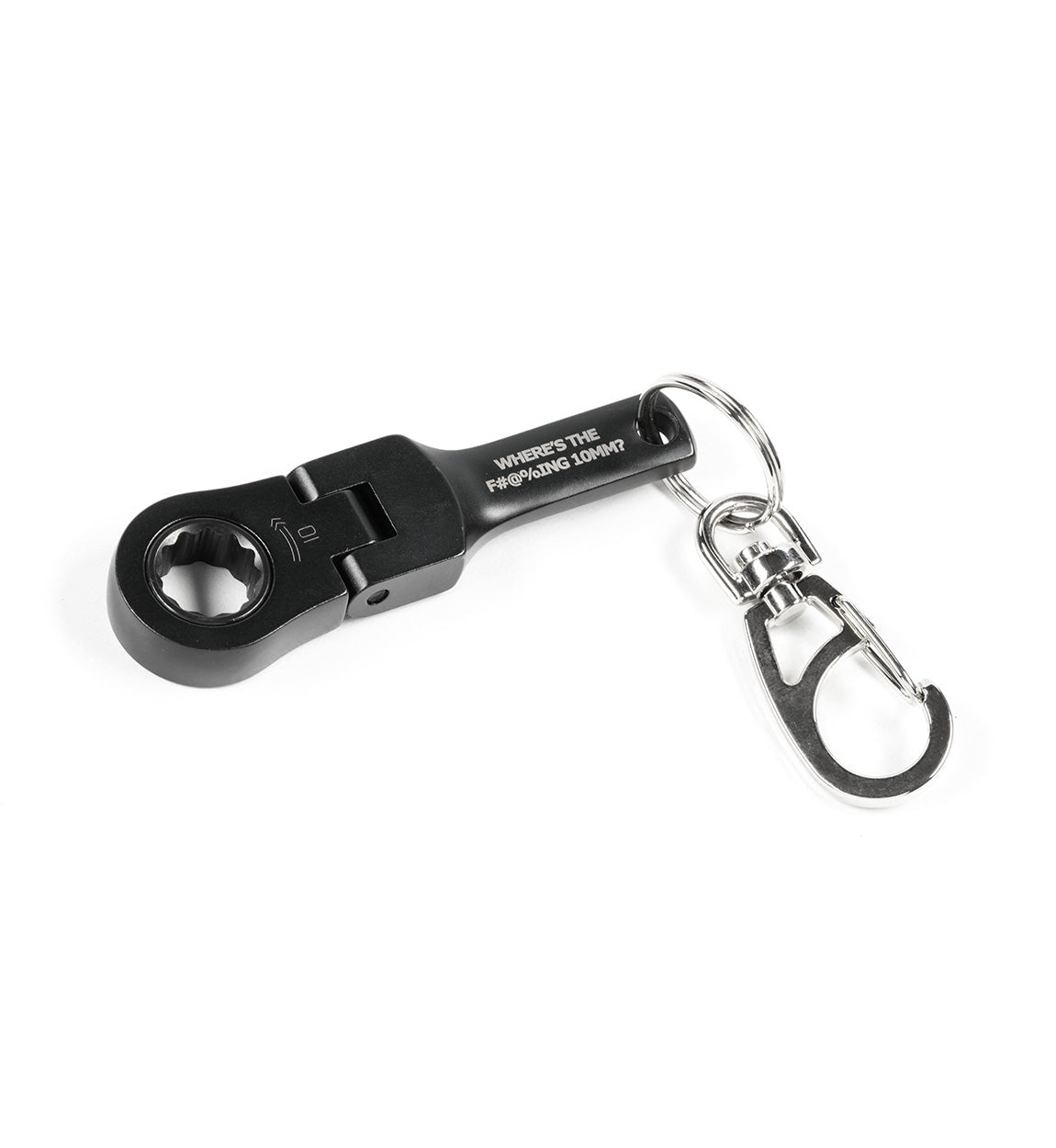 Hoonigan FOUND IT Keychain featuring a compact ratchet tool design with a sturdy clip for easy attachment.