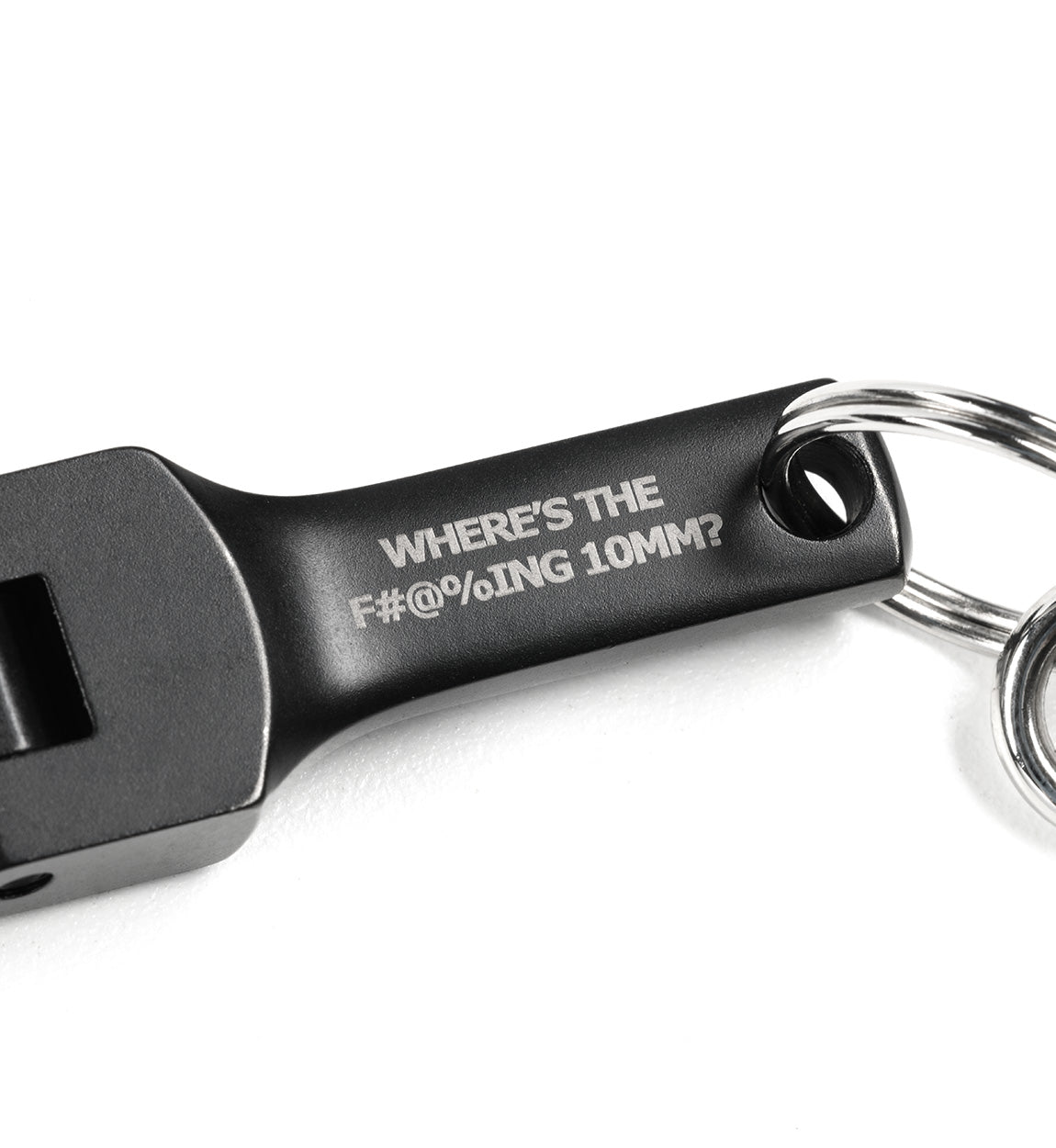 Hoonigan FOUND IT Keychain featuring a humorous engraving about missing tools for car enthusiasts.