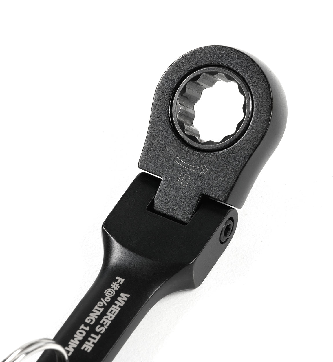 Hoonigan FOUND IT Keychain featuring a sleek black ratchet wrench design for automotive enthusiasts.