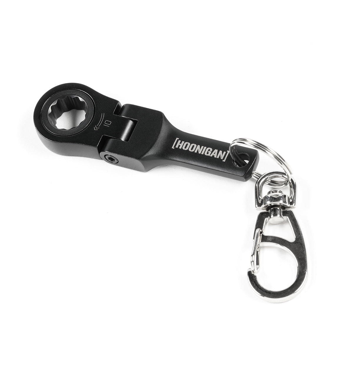Hoonigan FOUND IT Keychain featuring a sleek black design with a ratchet tool and clip for easy attachment.