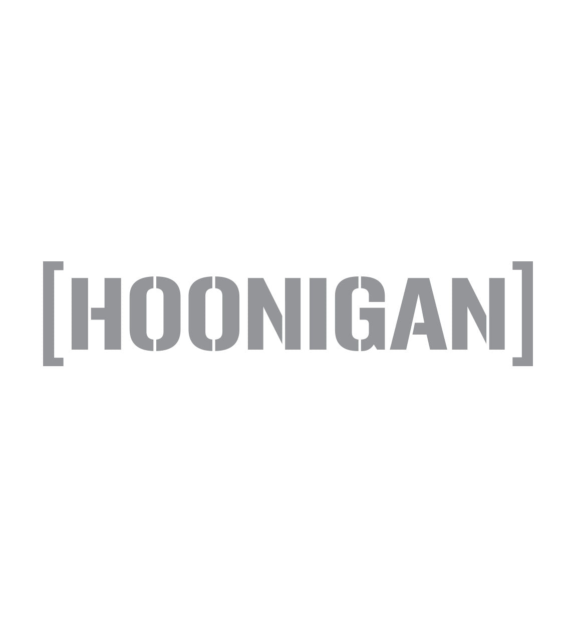 Gray "HOONIGAN" sticker with cut-out censor bar design, 18 inches wide, for vehicle or surface decoration.