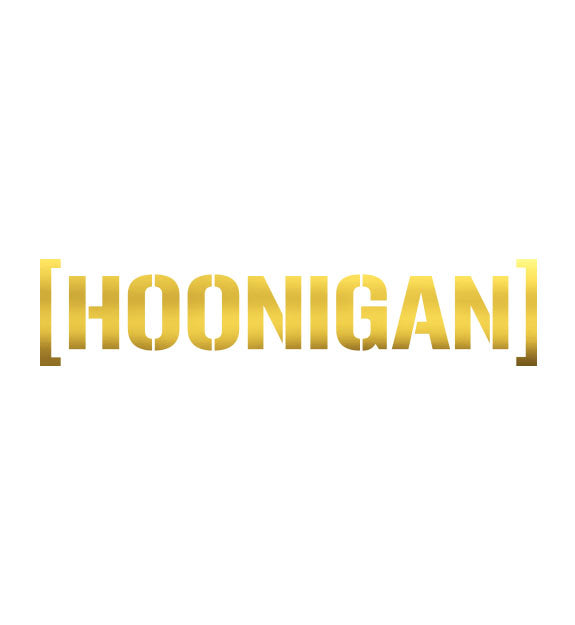Gold die cut Hoonigan logo sticker, 8 inches, perfect for automotive enthusiasts and car culture fans.