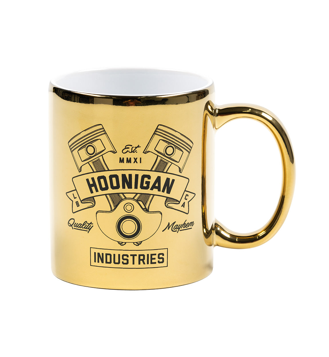 Gold Hoonigan CRANKED mug featuring a piston graphic and the brand logo, perfect for automotive enthusiasts.