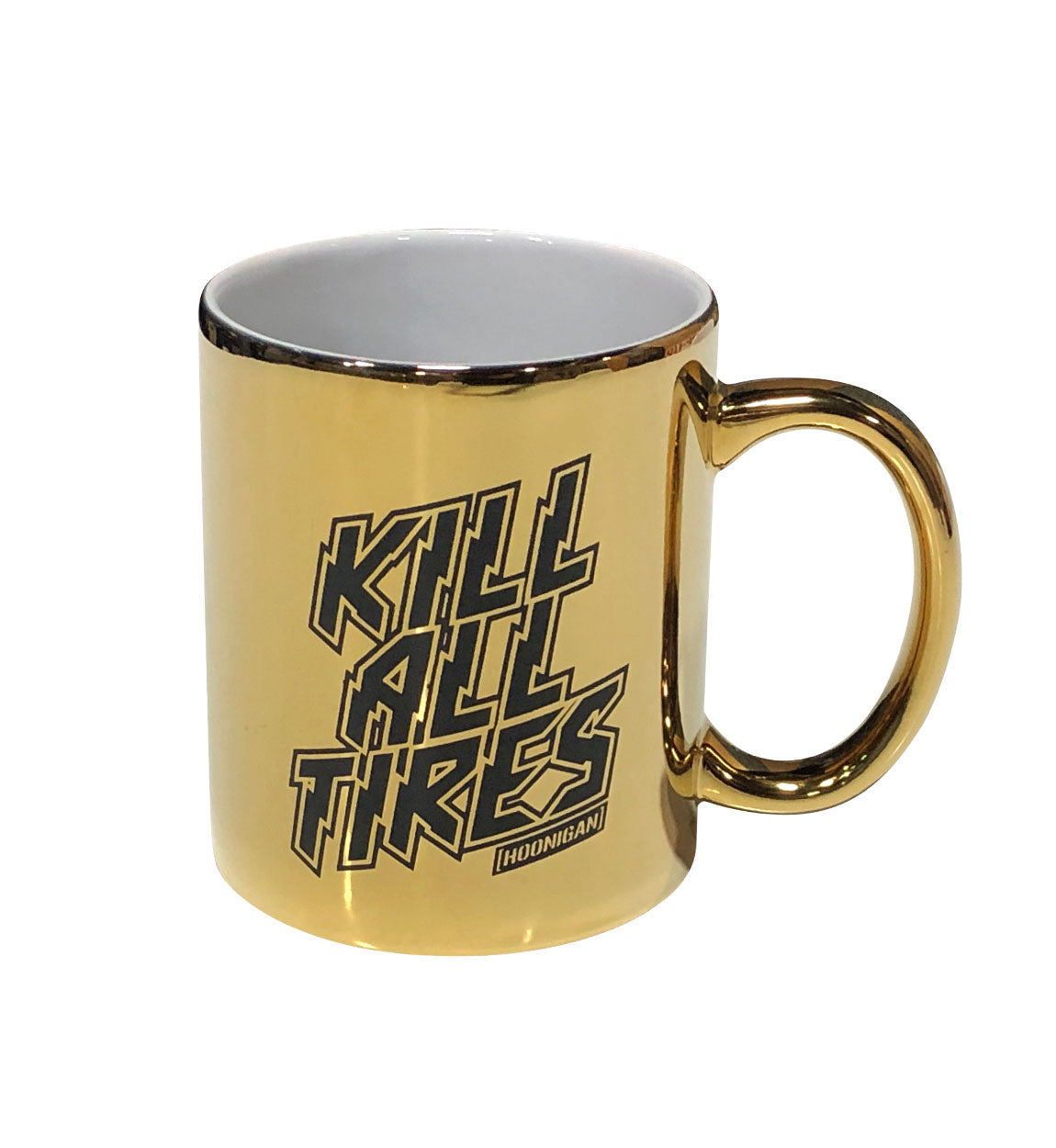 Gold Hoonigan mug featuring bold "Kill All Tires" graphic, perfect for motorsport enthusiasts and coffee lovers.