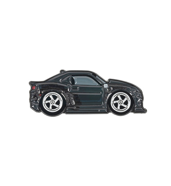 Hoonigan x Leen Customs COALMARO collectible pin featuring a sleek black car design with detailed wheels.