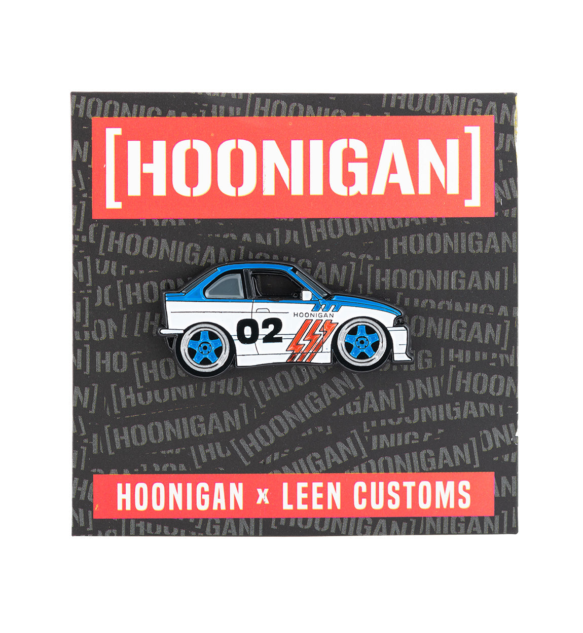 Hoonigan X Leen Customs Limited SHITCAR collectible pin featuring a detailed design and vibrant colors on a black background.