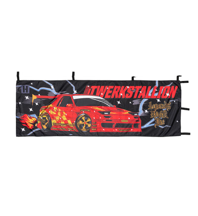 Hoonigan LEGENDS NEVER DIE NOBORI flag featuring bold graphics and vibrant colors, ideal for automotive enthusiasts.