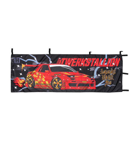 Hoonigan LEGENDS NEVER DIE NOBORI flag featuring bold graphics and vibrant colors, ideal for automotive enthusiasts.