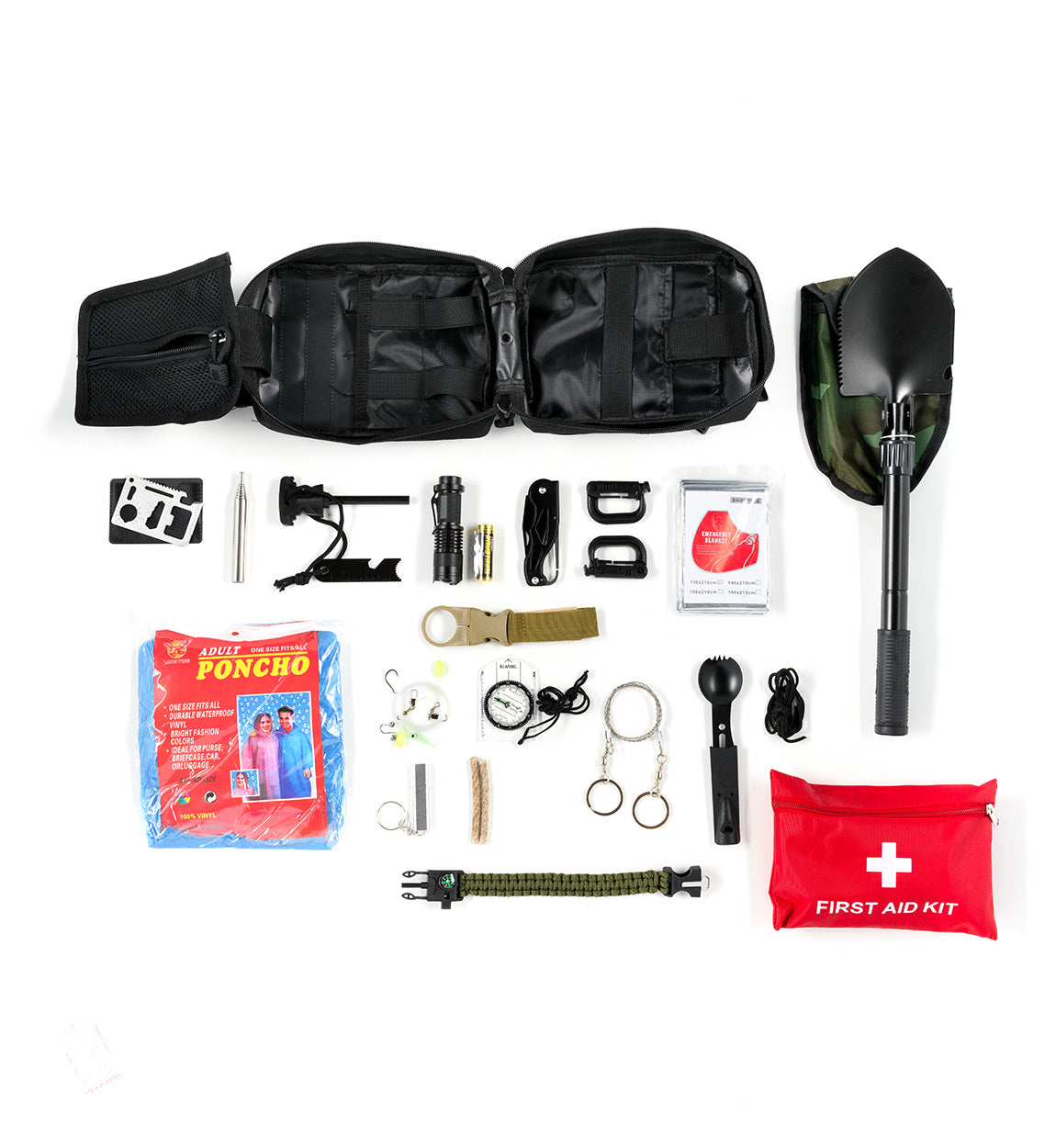 Hoonigan OH SH*T Safety Kit with tools, first aid supplies, flashlight, keychains, and safety accessories arranged on a white background.