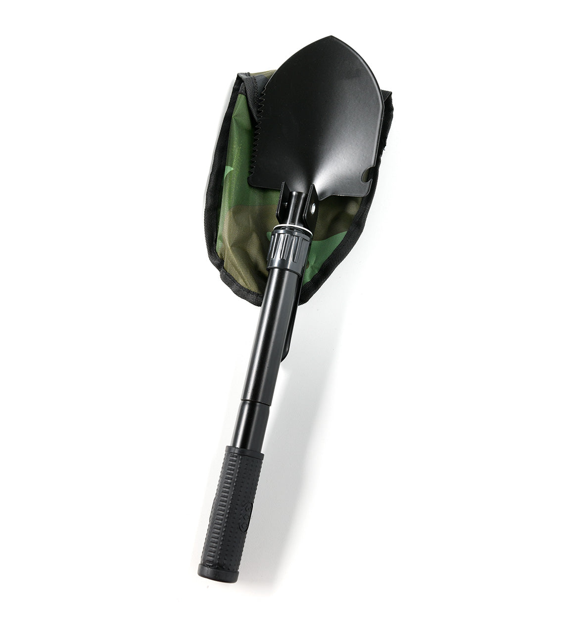 Black shovel with a textured grip handle, attached to a green and black safety kit bag, designed for emergency use.