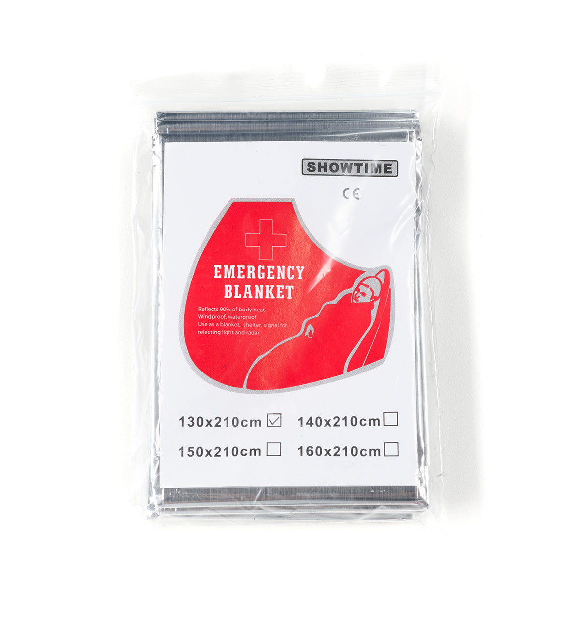 Red and white emergency blanket kit in clear plastic packaging, designed for safety, warmth, and visibility during emergencies.