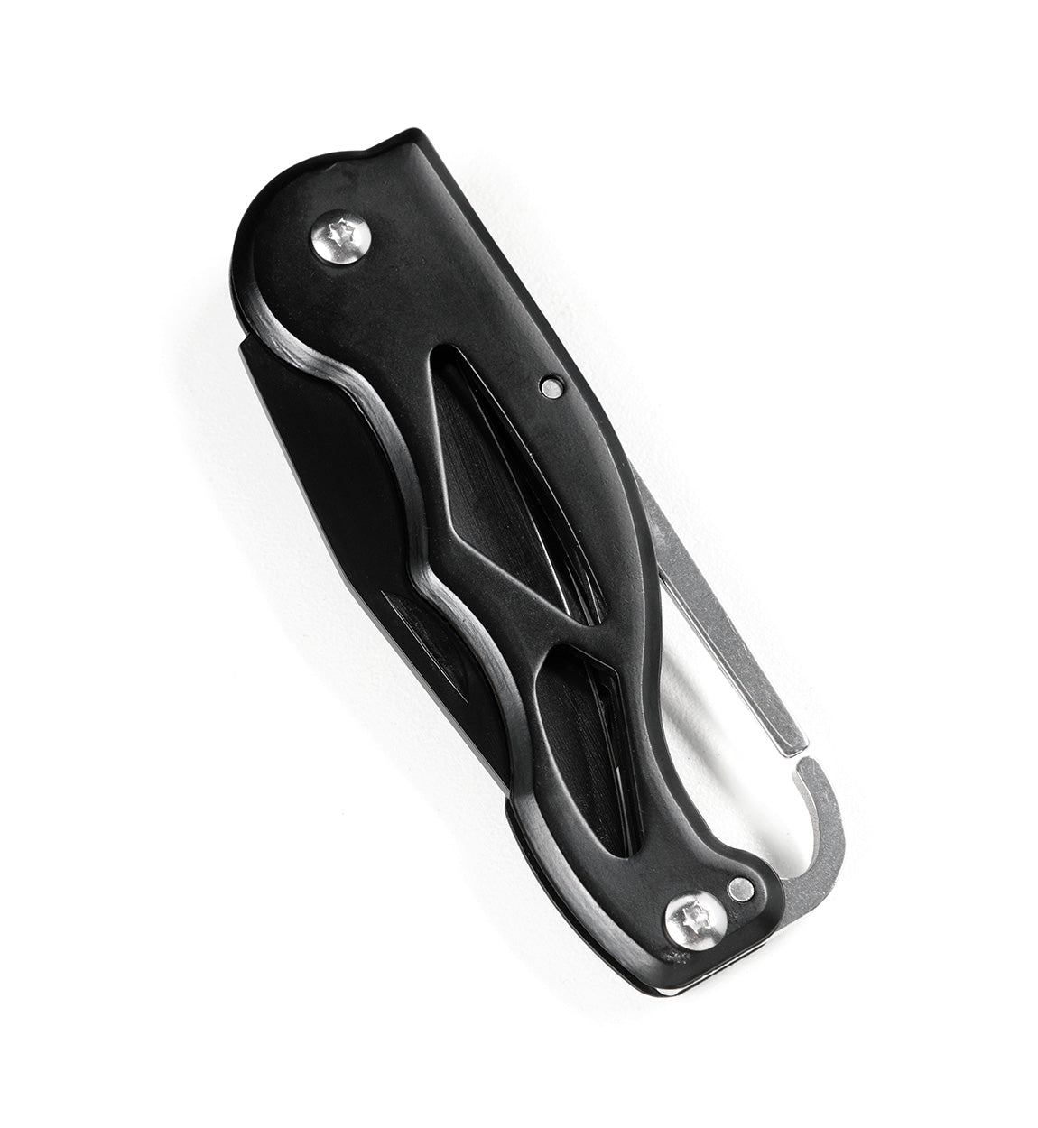 Black safety kit with a metal hook and a blade, designed for emergency use in automotive or racing situations.