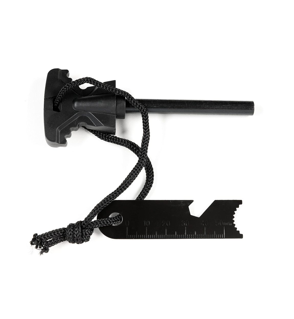 Black safety kit with a handle, adjustable ruler, and rope, designed for emergency vehicle safety and quick access.