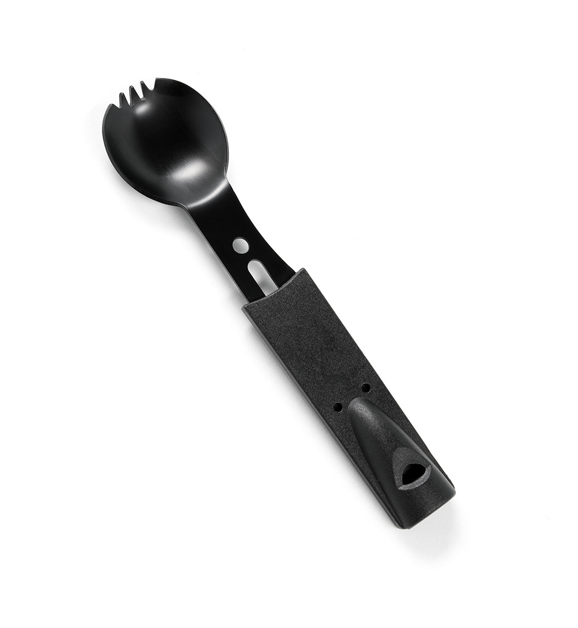 Black plastic spoon with a textured handle and a slotted, rounded scoop, part of the Hoonigan OH SH*T Safety Kit.