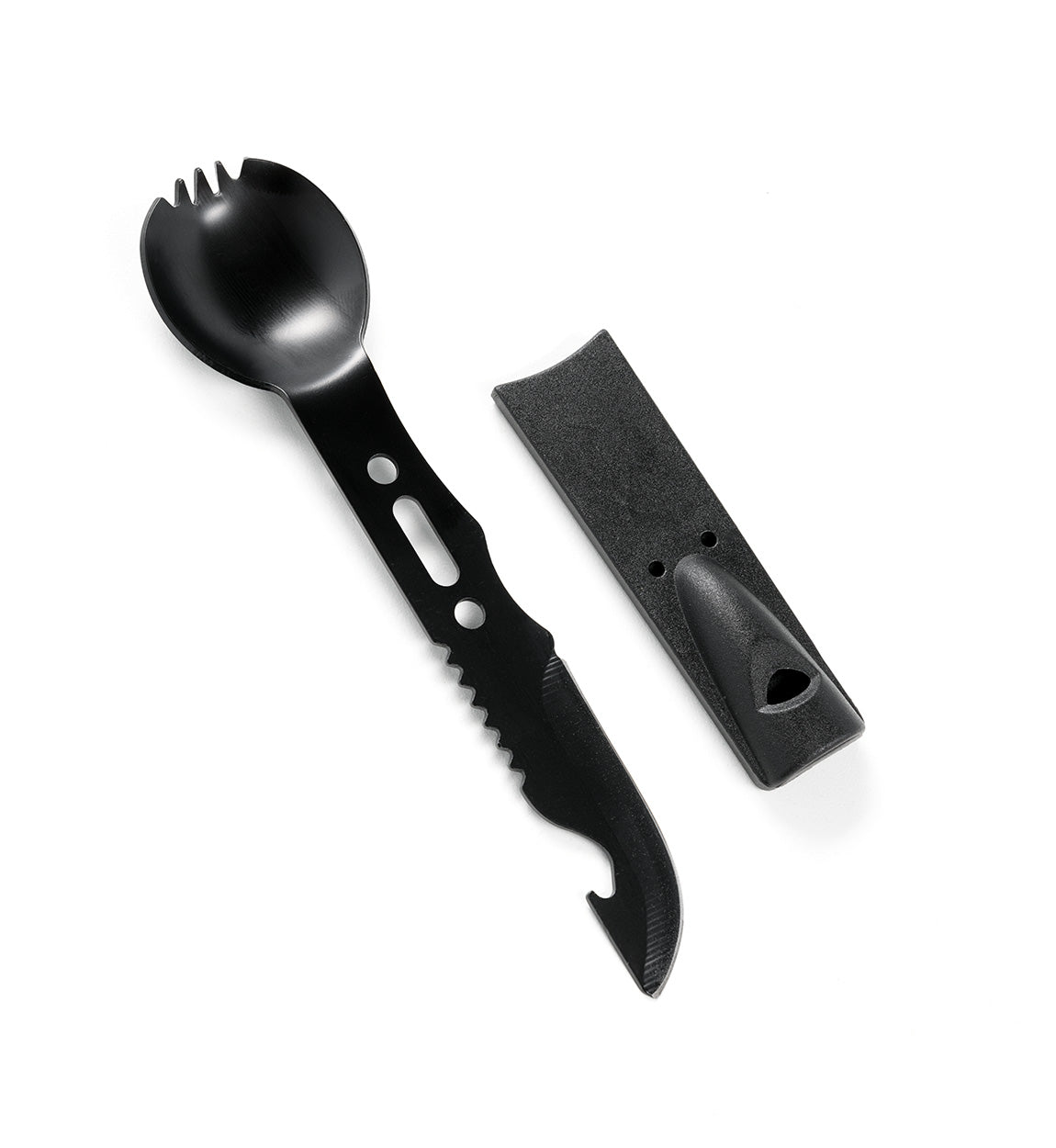 Black safety spoon with a serrated edge and a black foam handle, part of the Hoonigan OH SH*T Safety Kit for emergency use.