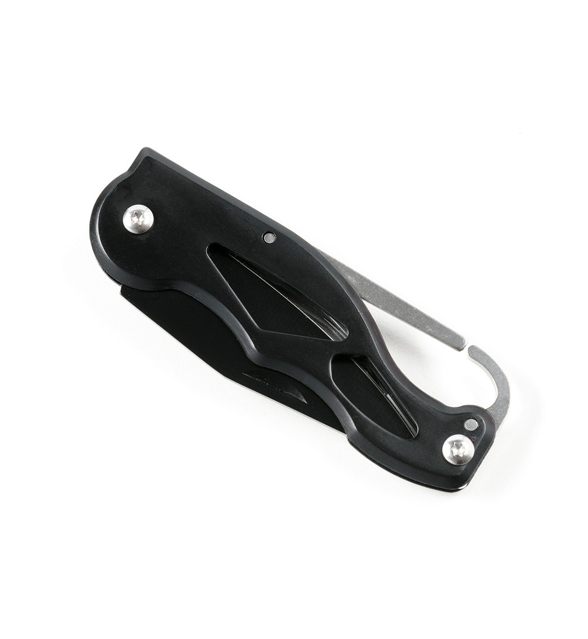 Black safety cutter with a metal hook and ergonomic handle, part of the Hoonigan OH SH*T Safety Kit for quick emergency cuts.