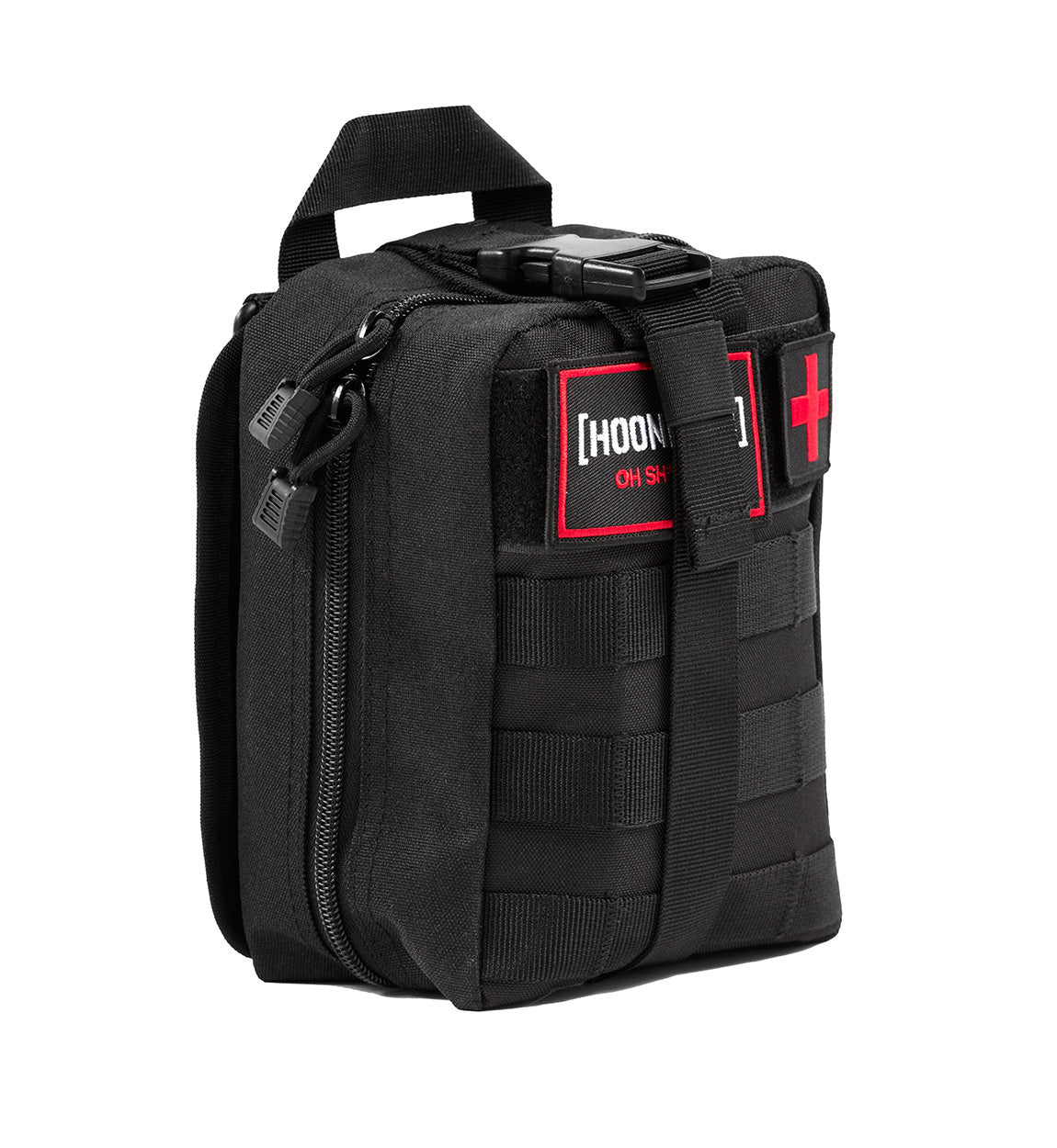 Black Hoonigan OH SH*T Safety Kit bag with red cross patch, multiple compartments, and adjustable straps for emergency gear.