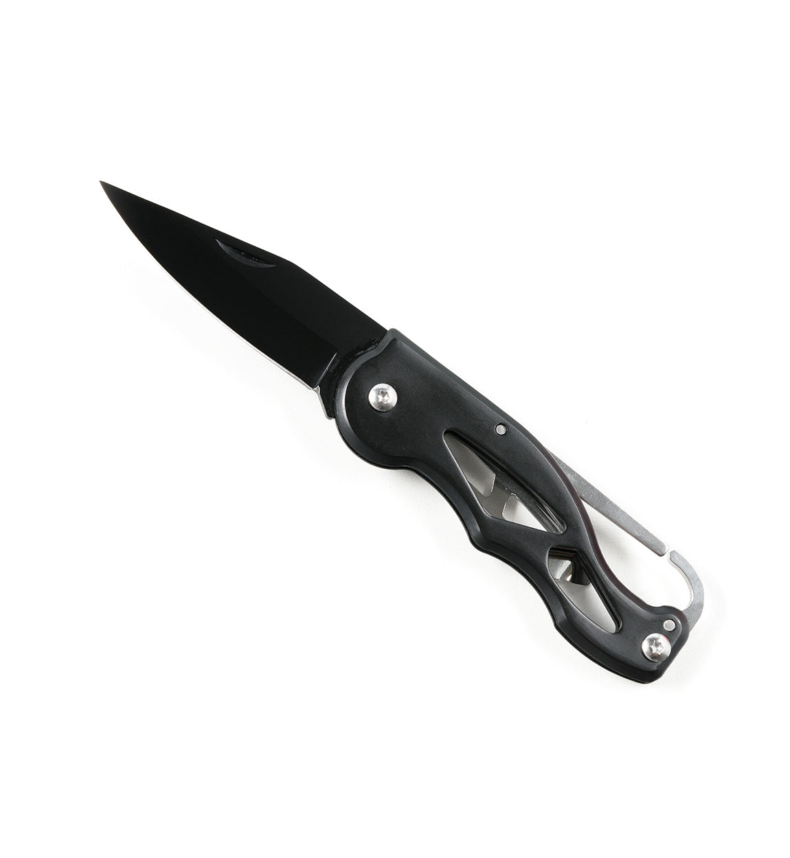 Black folding knife with a partially serrated blade and a black handle, part of the Hoonigan OH SH*T Safety Kit.