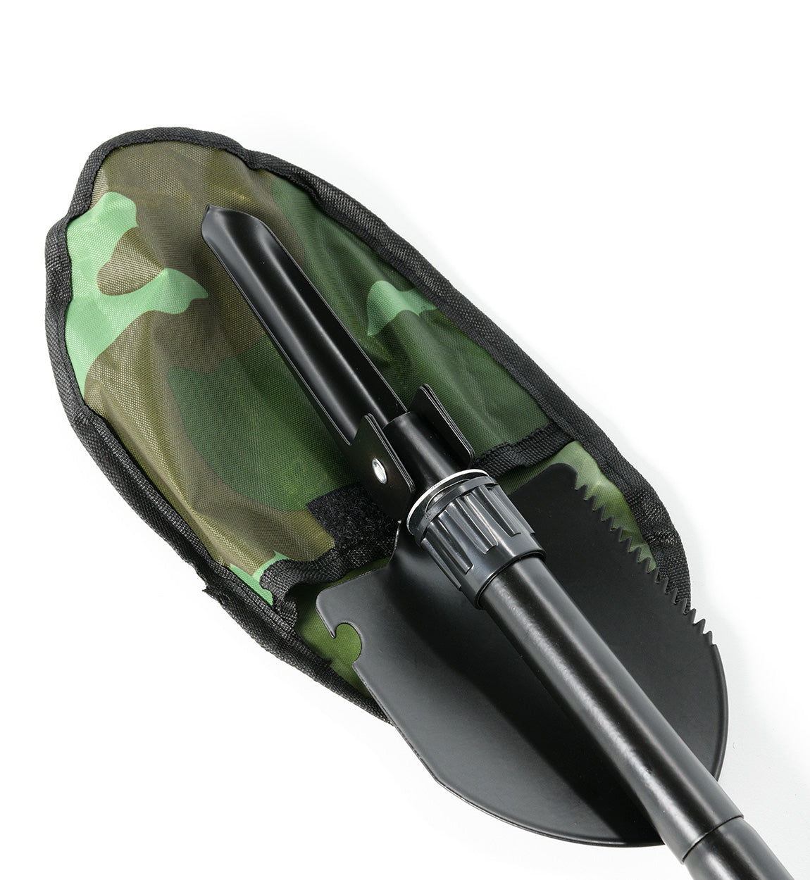 Black shovel with a camouflage fabric cover, part of the Hoonigan OH SH*T Safety Kit, designed for emergency use.