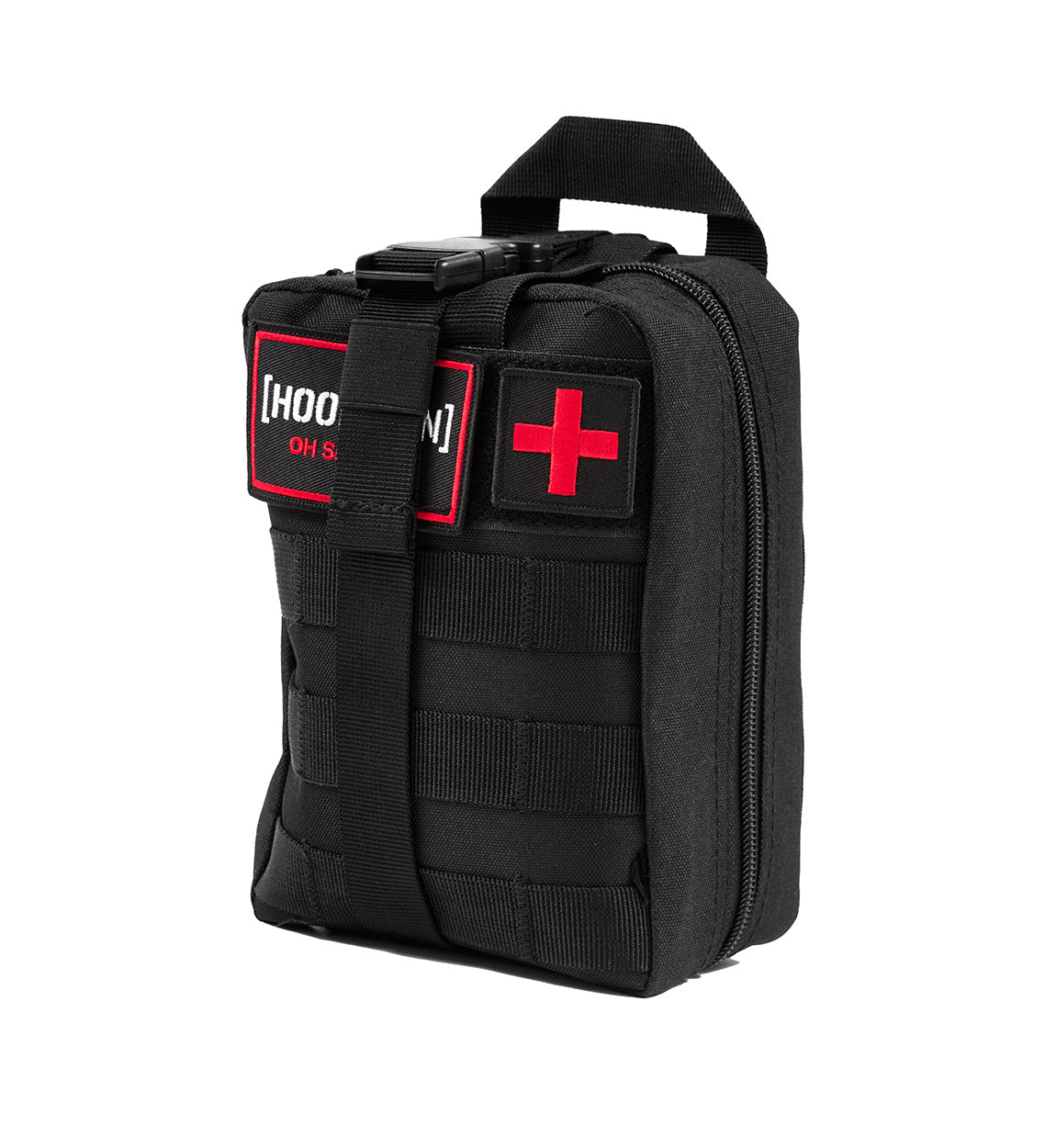 Black safety kit bag with red cross patch, labeled "Hoonigan OH SH*T," featuring a handle and zipper closure for emergency supplies.