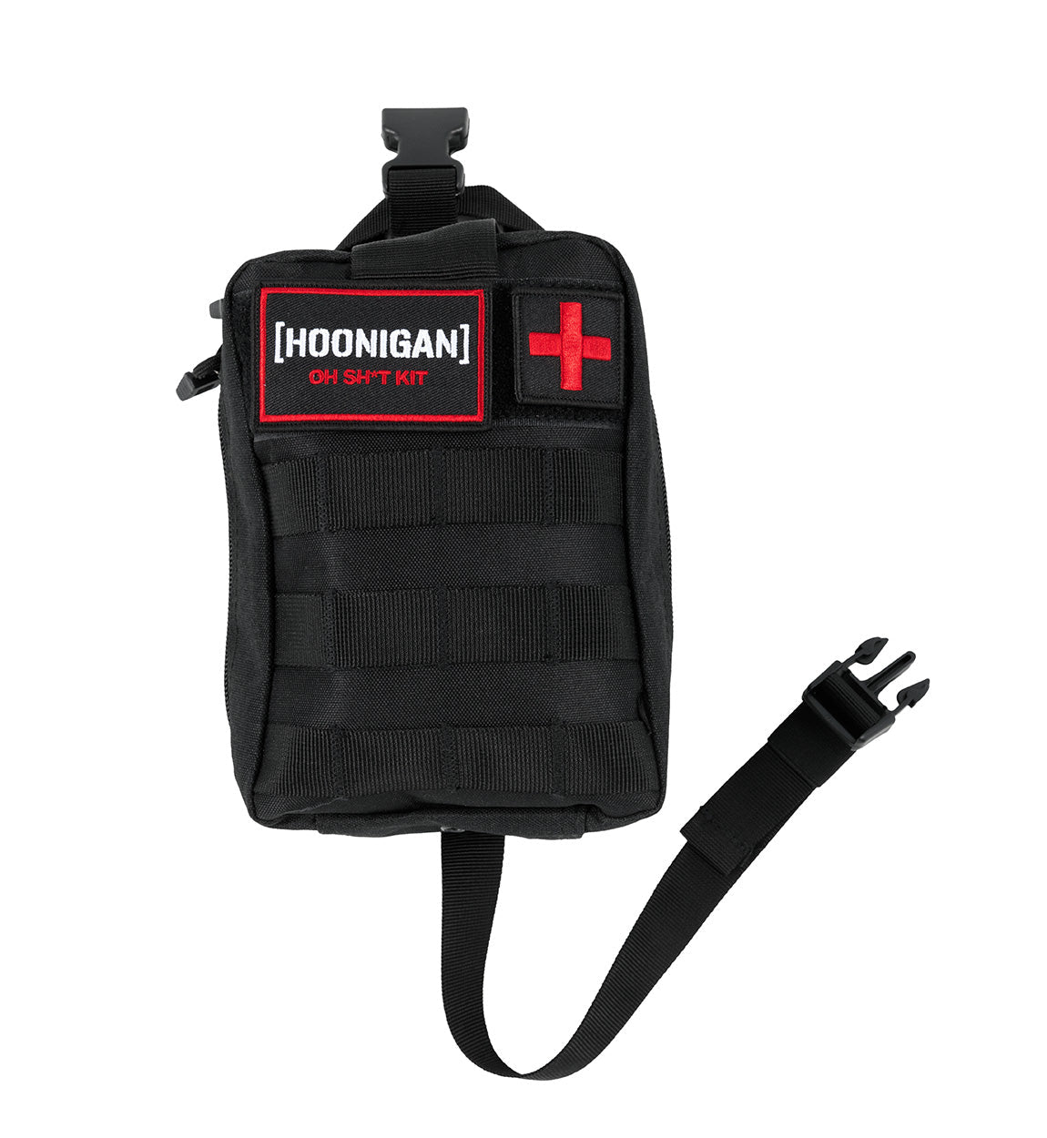 Black Hoonigan OH SH*T Safety Kit pouch with red cross patch and adjustable strap for car safety emergencies.