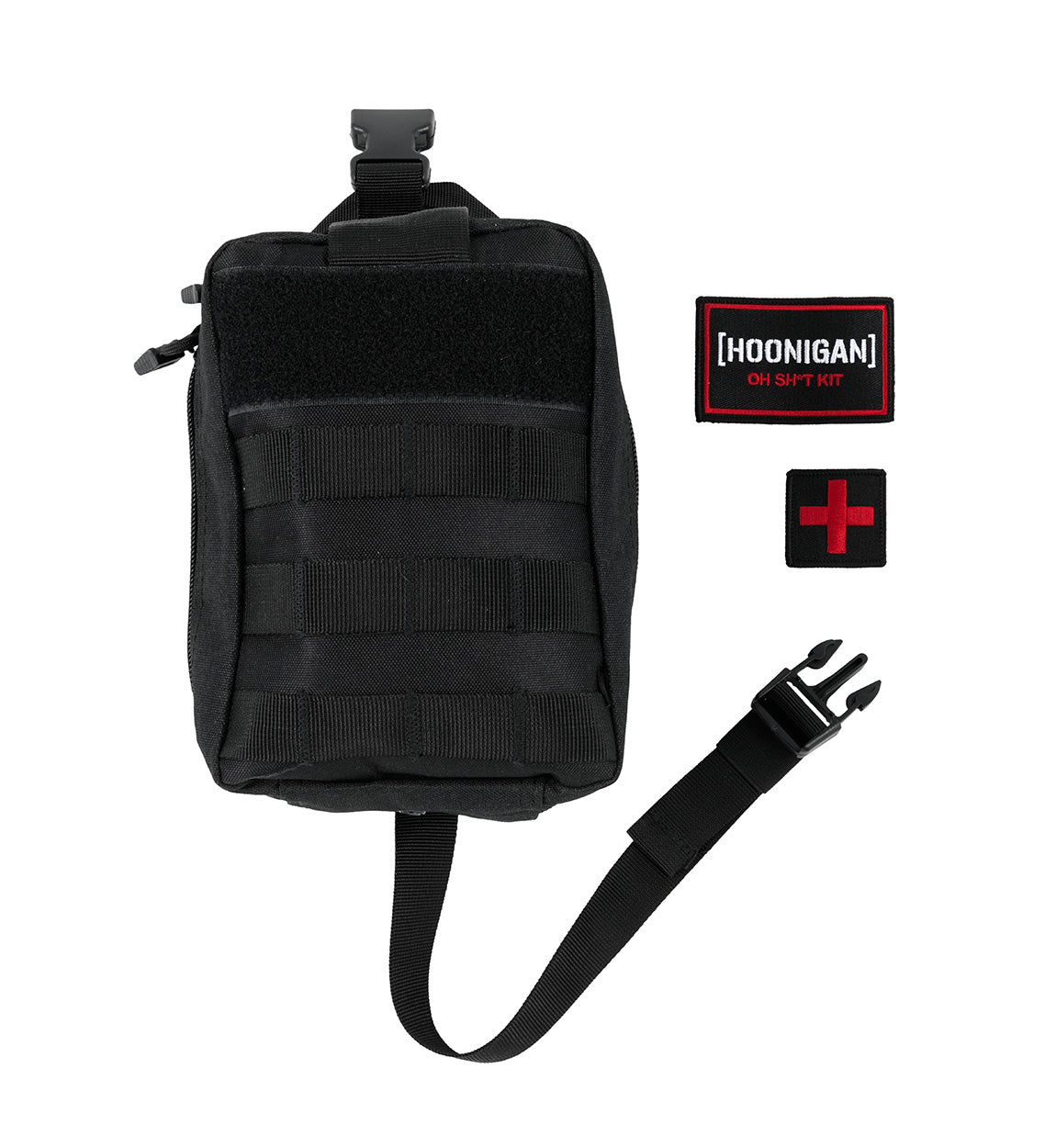 Black safety kit pouch with patches, a red cross patch, and a strap with a hook, designed for the Hoonigan OH SH*T Safety Kit.