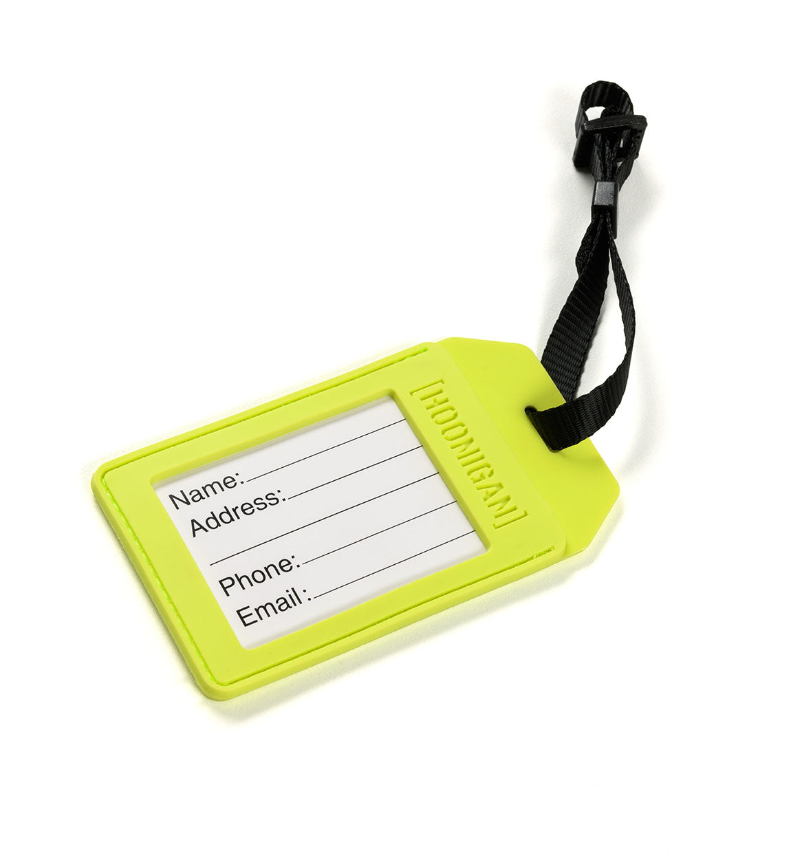 Hoonigan HI VIZ Luggage Tag in bright yellow with black logo design.