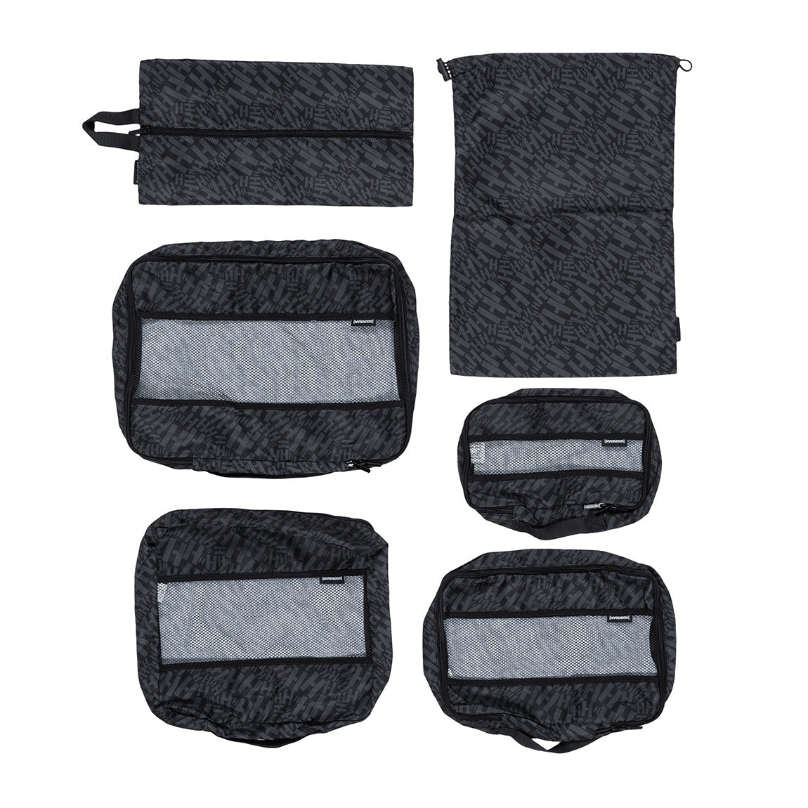 Hoonigan SCATTER H LOGO 6 Piece Packing Cubes set in black and gray, featuring various sizes for efficient organization.