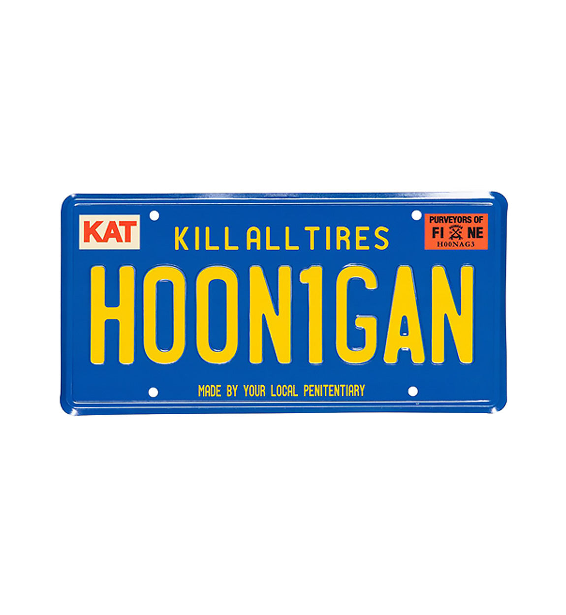 Hoonigan CALI OG blue metal license plate featuring retro branding and bold design elements.