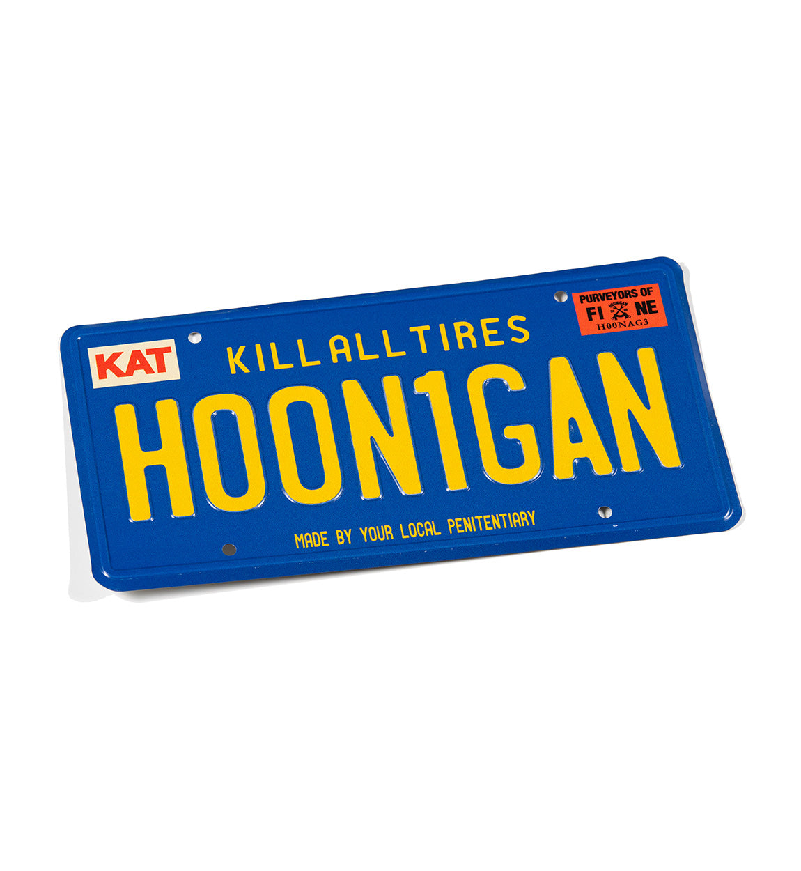 Hoonigan CALI OG metal license plate in blue with white graphic design, featuring the Hoonigan logo and "CALI OG" text.