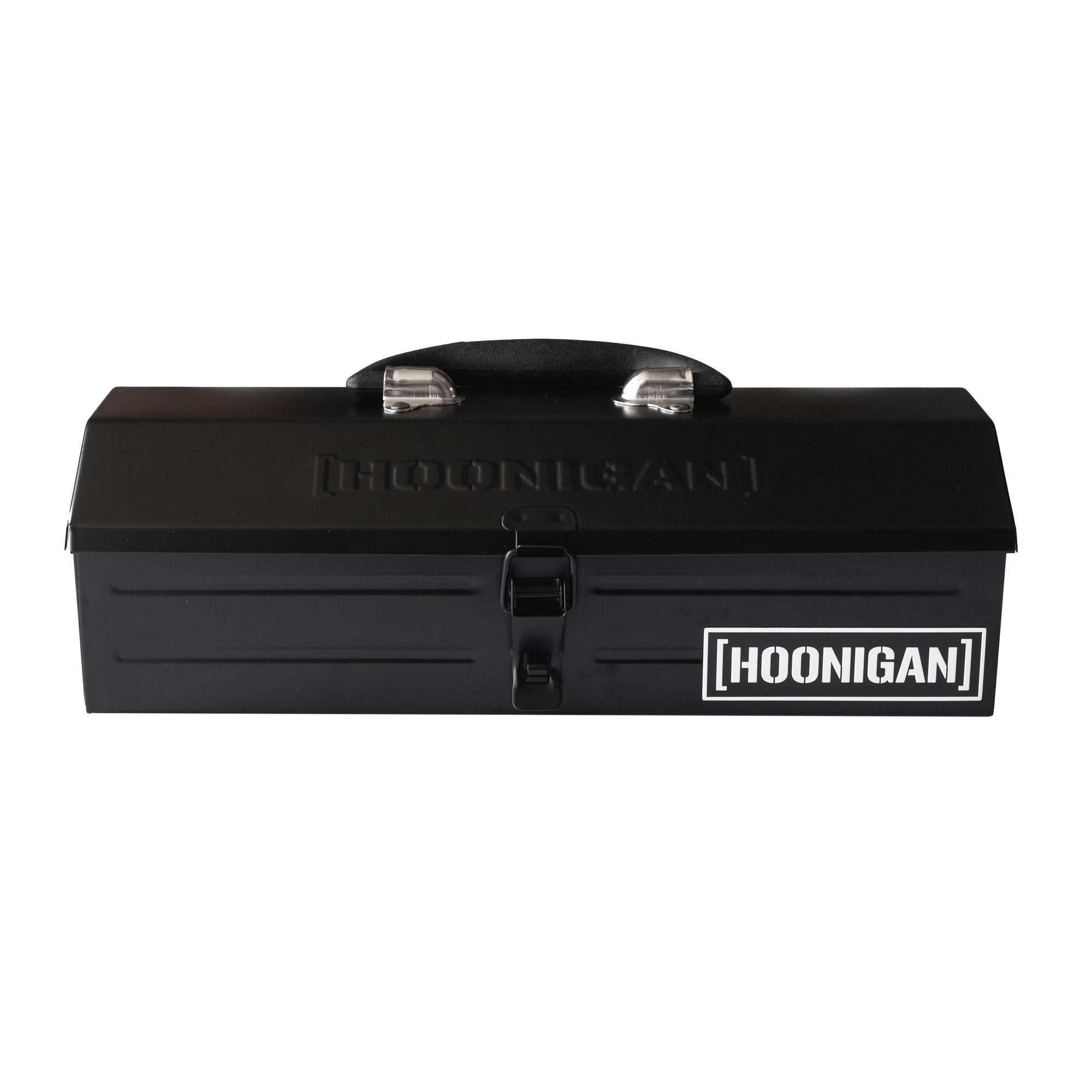Hoonigan metal tool box featuring a sleek black design and a sturdy handle for easy transport.