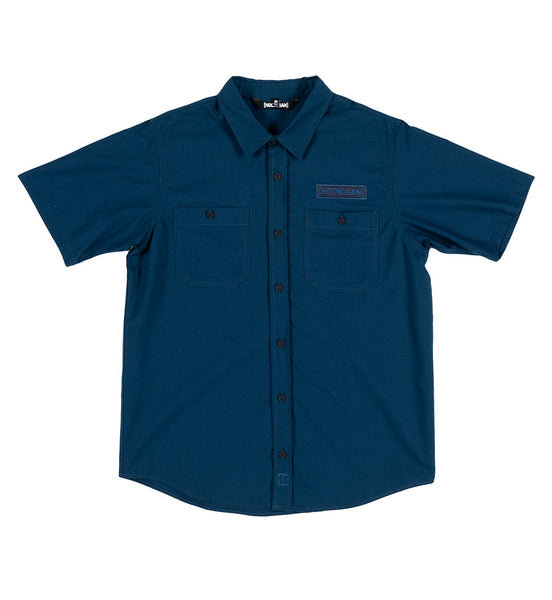Hoonigan DONUT GARAGE navy woven short sleeve button-up shirt featuring a stylish design and logo detail.