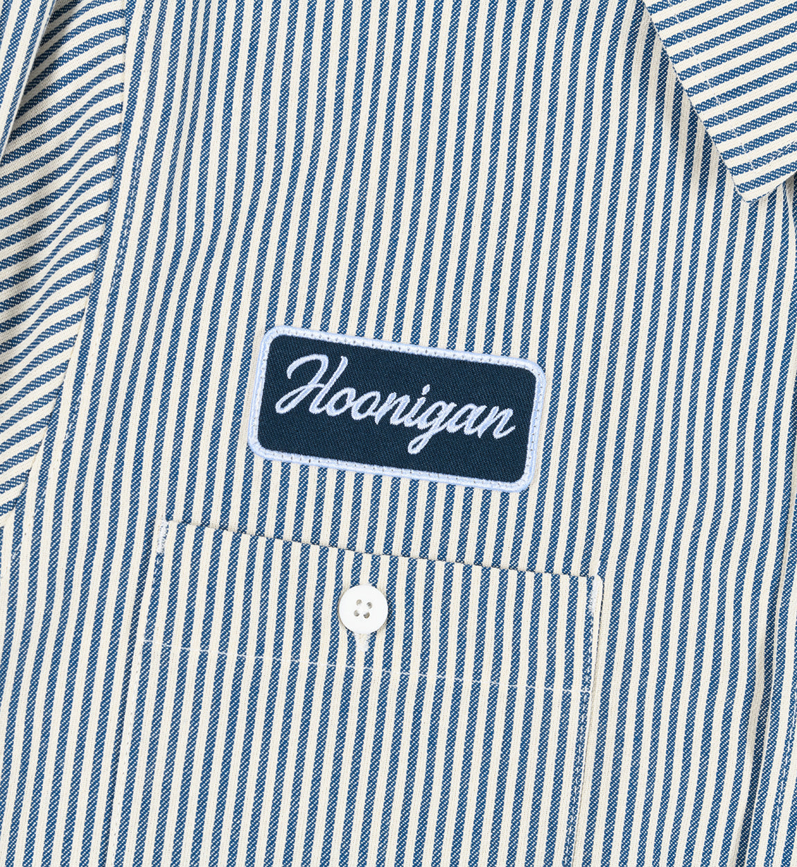 Hoonigan CRATE woven long sleeve shirt in white and navy, featuring a relaxed fit and button-down collar.