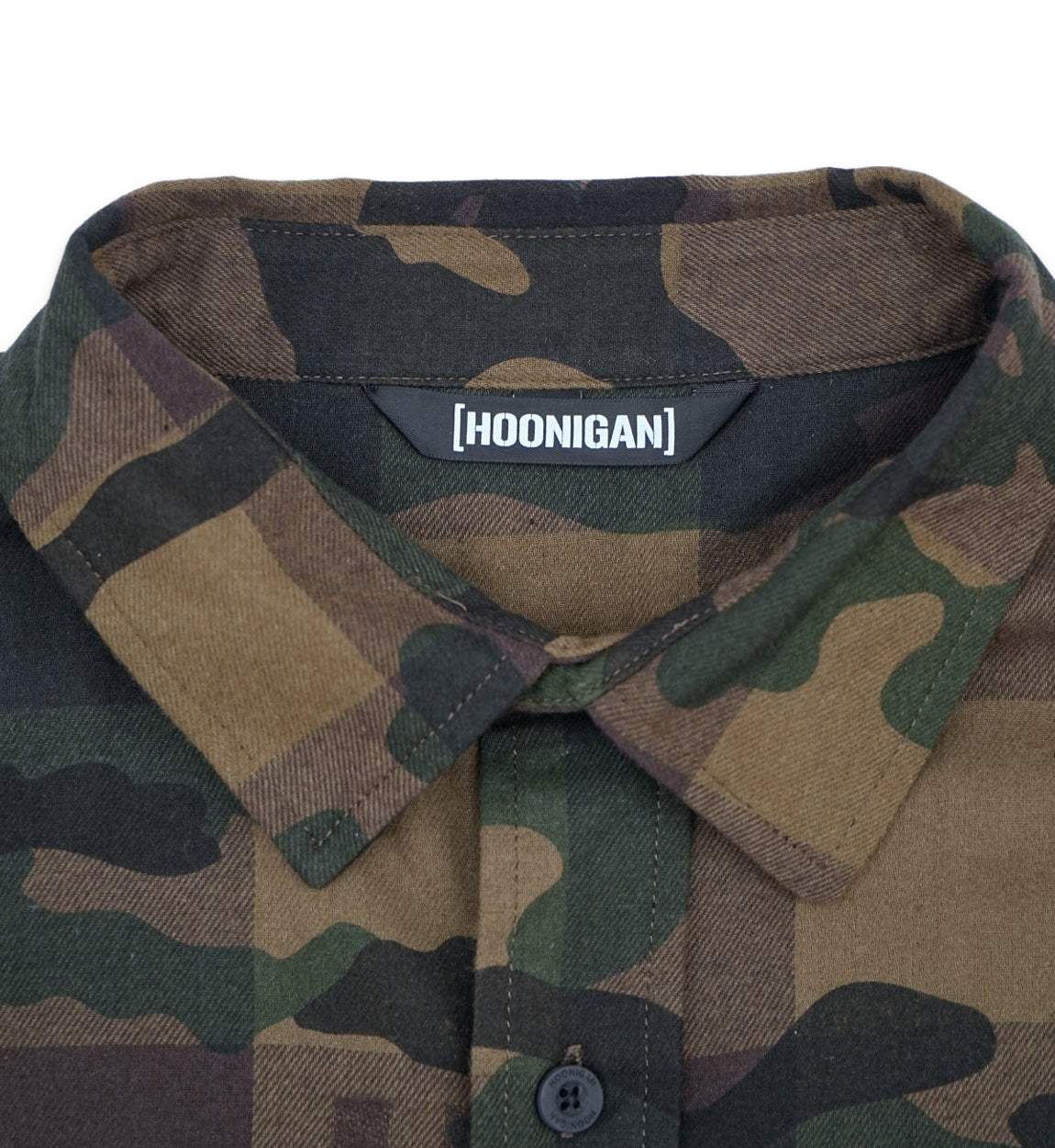 Hoonigan H Icon Camo Woven Flannel Long Sleeve Shirt in camouflage pattern, featuring button-up front and stylish design.