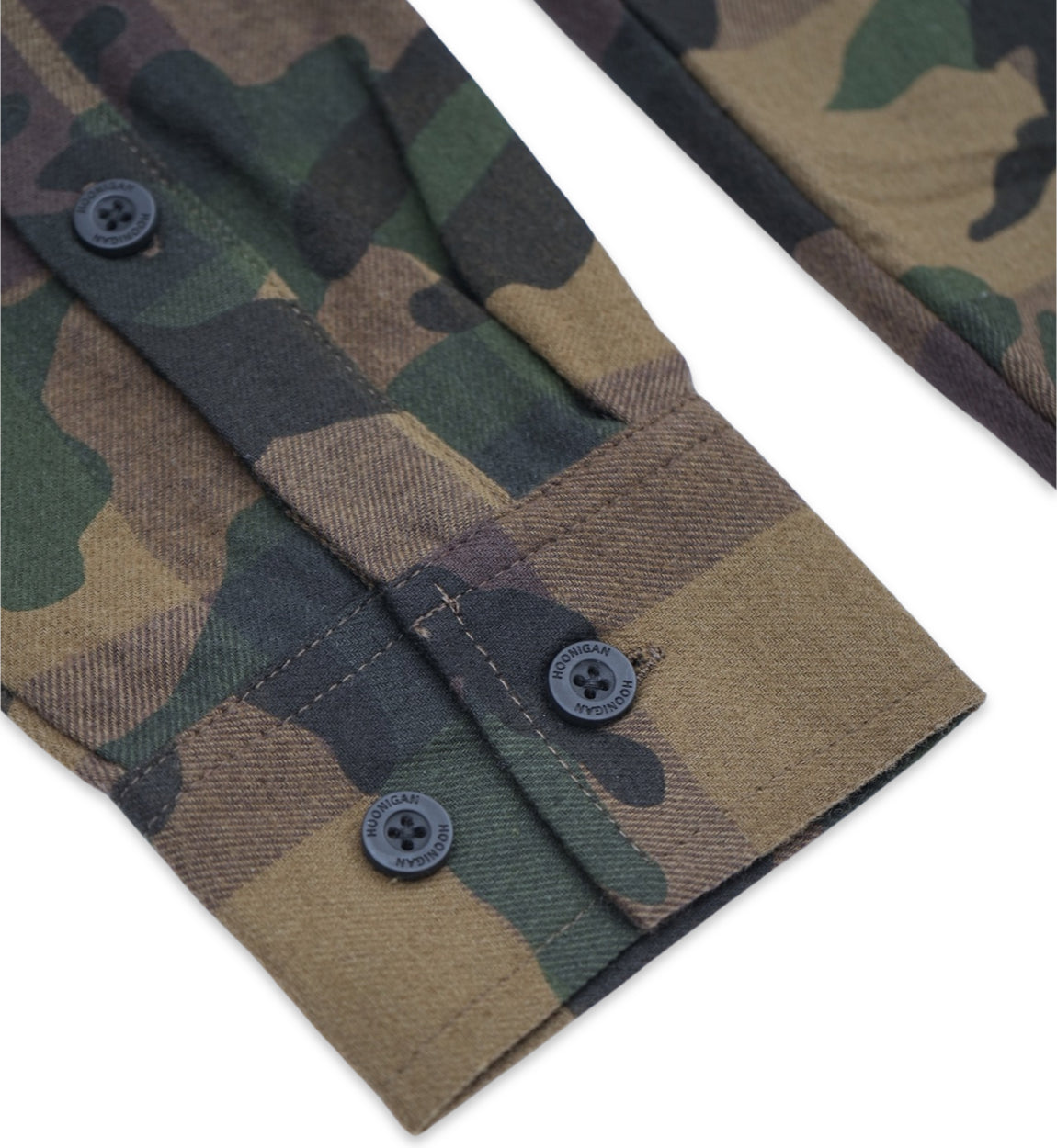Hoonigan H Icon Camo Woven Flannel Long Sleeve Shirt featuring a green and black camouflage pattern.