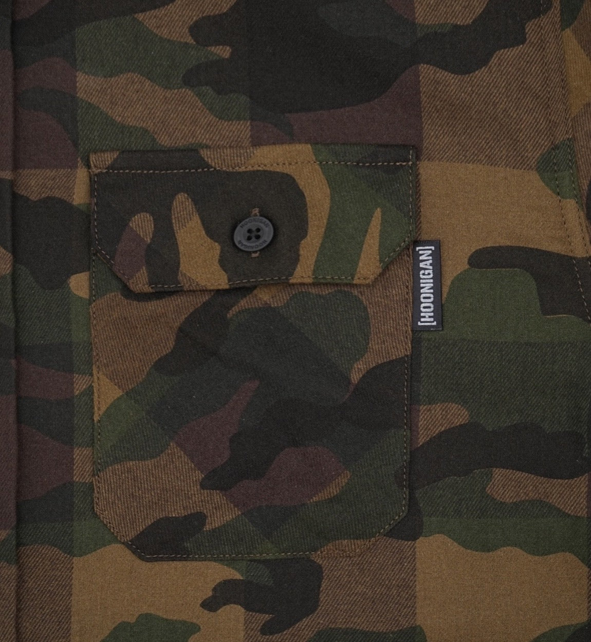 Hoonigan H Icon Camo Woven Flannel Long Sleeve Shirt in green camo pattern, featuring a button-down front and chest pocket.