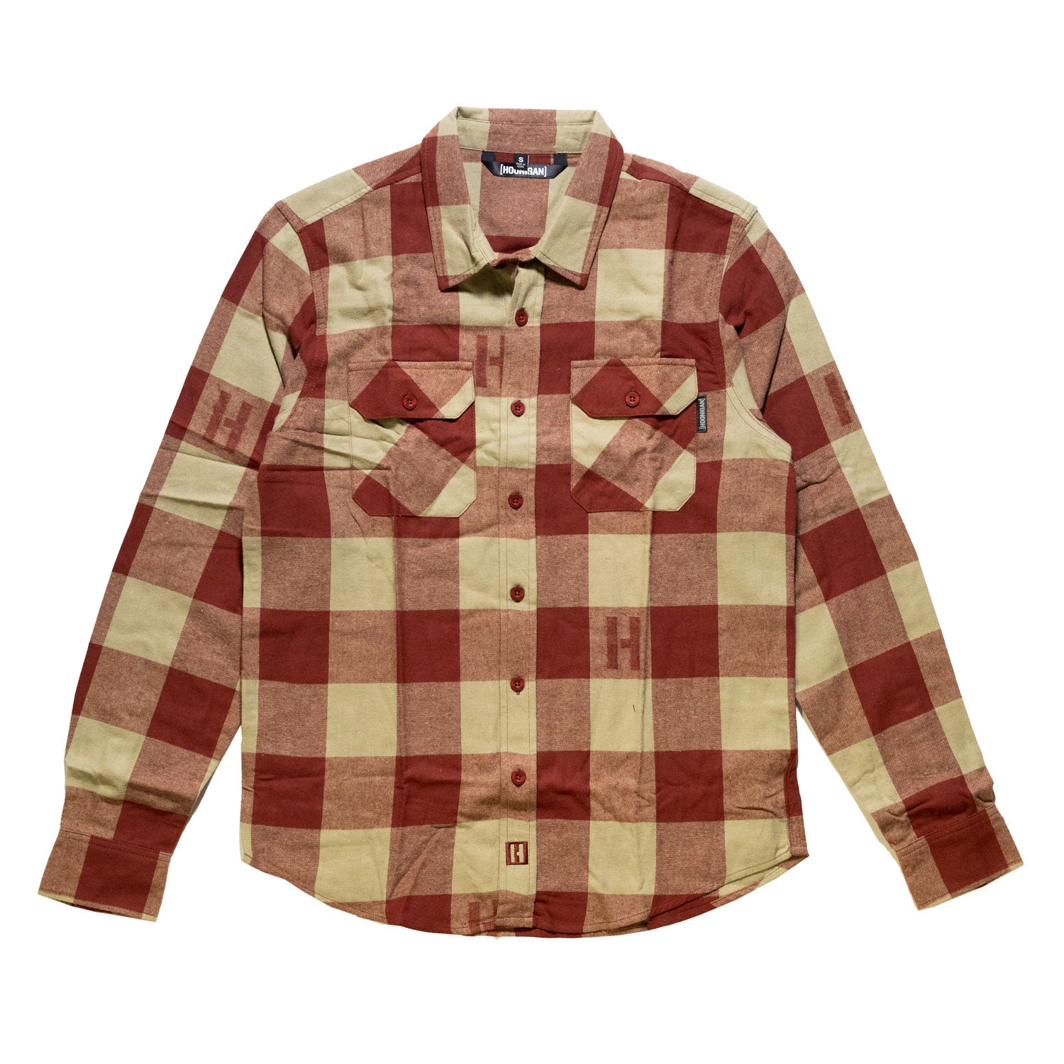 Hoonigan H Icon Woven Flannel Long Sleeve Shirt in black and red plaid, featuring a button-up front and chest pockets.