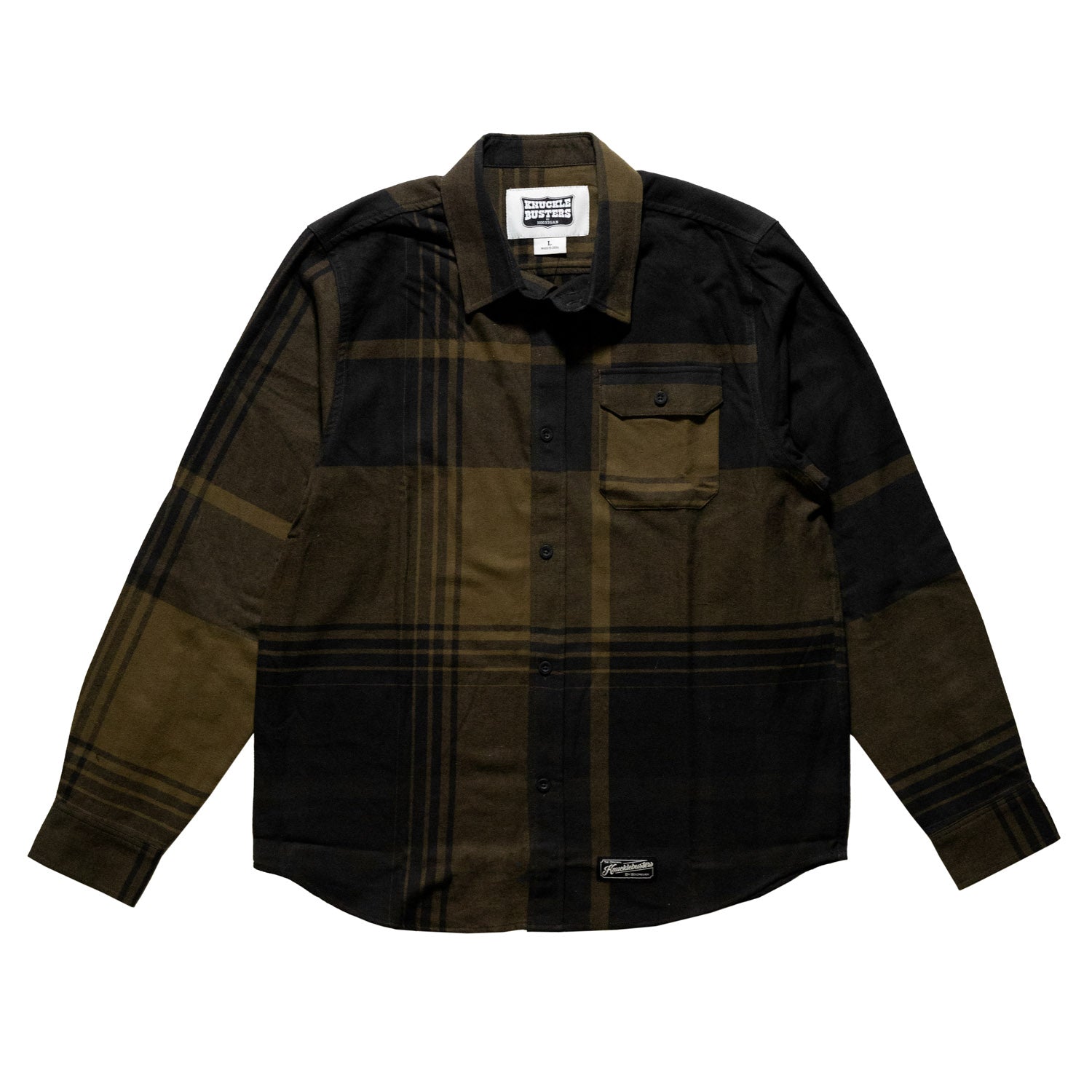Hoonigan H LATHE Flannel Long Sleeve Shirt in black and red plaid, featuring a button-up design and two chest pockets.