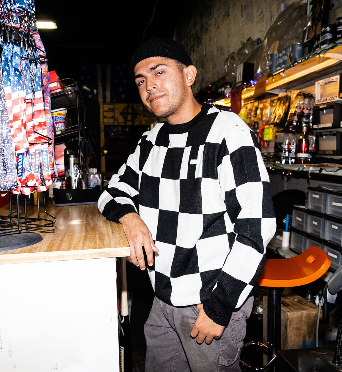 Hoonigan FINAL LAP Jacquard Sweater in black and tan with a bold geometric pattern.