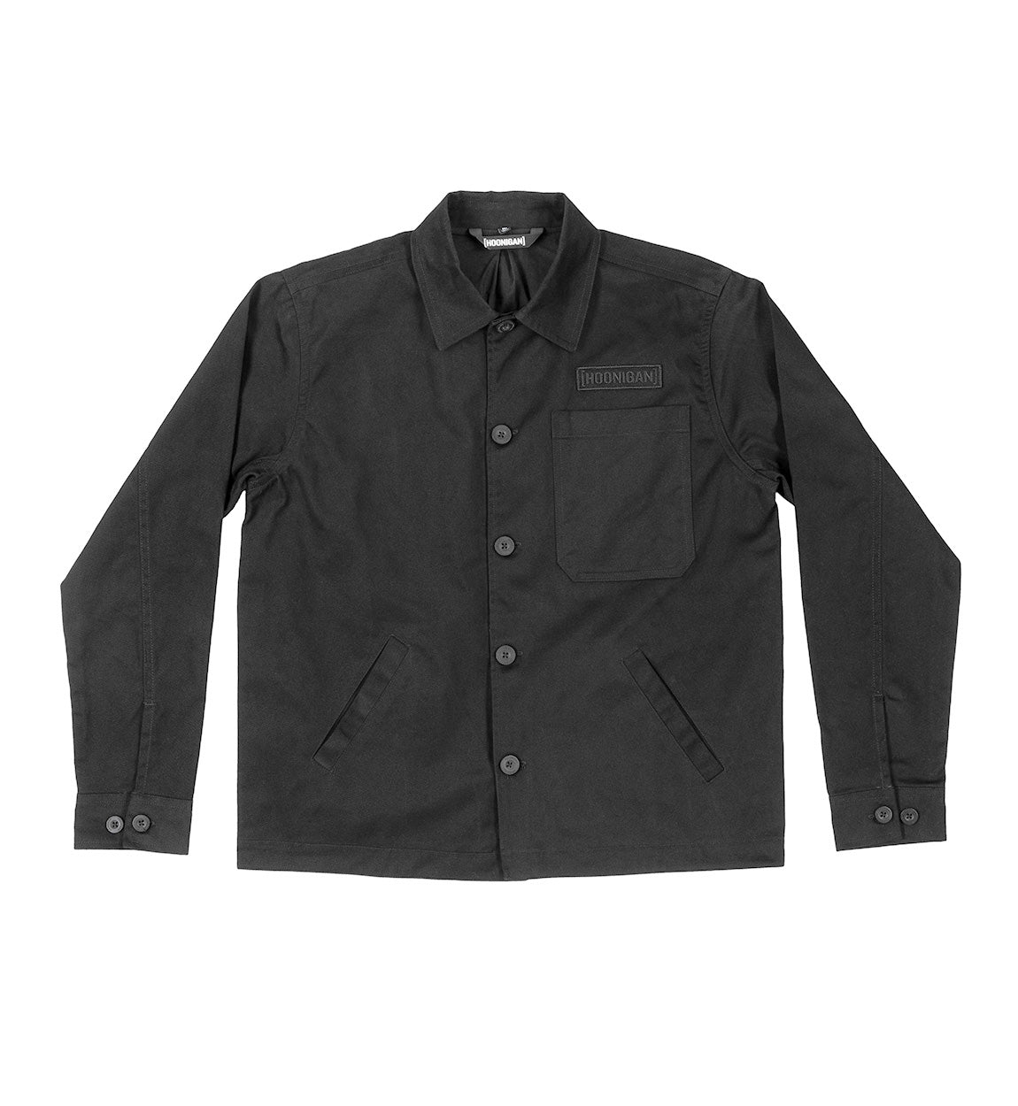 Hoonigan CHORE Jacket in black, showcasing a durable, relaxed-fit design with a button-up front and chest pockets.