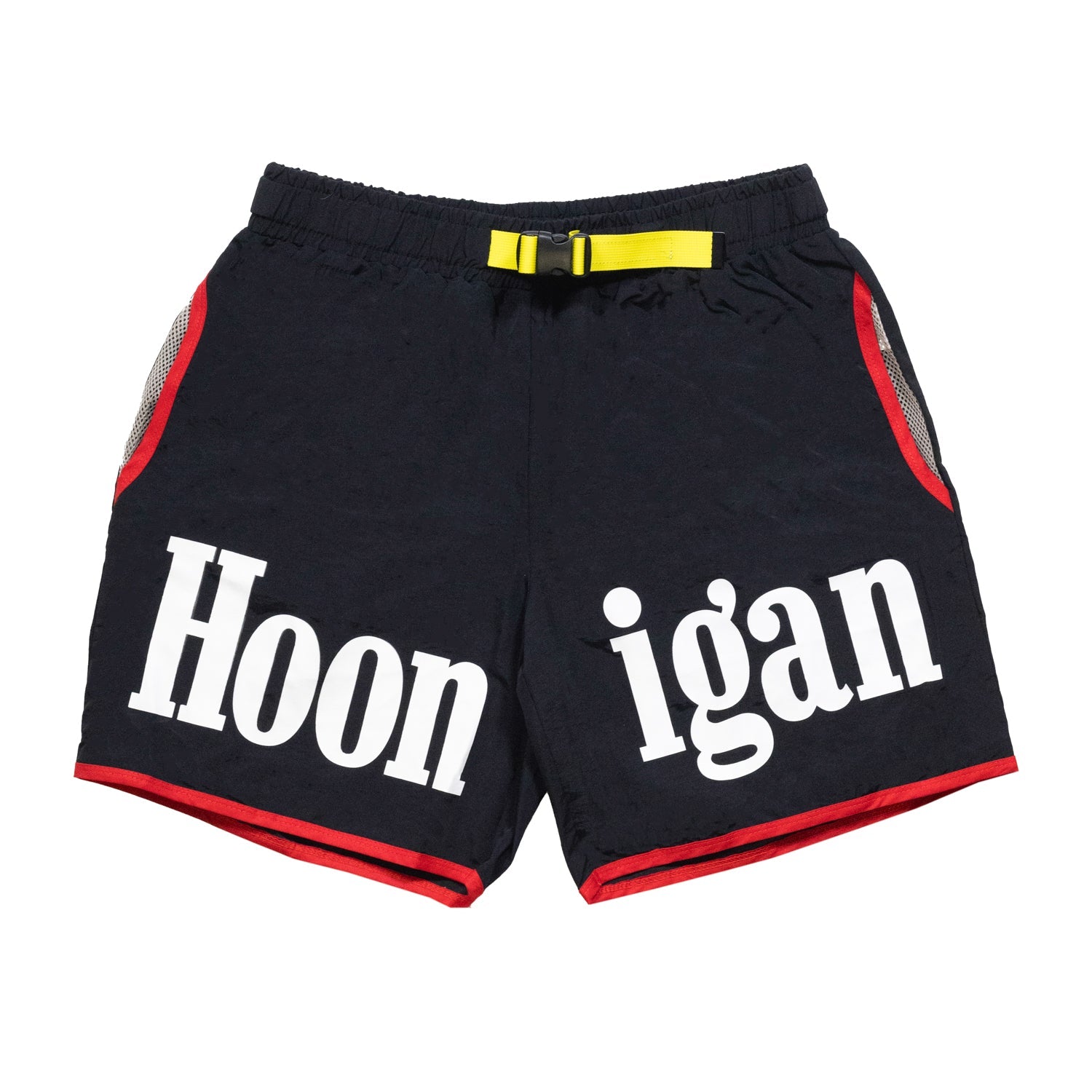 Hoonigan SURGEON GENERAL Nylon Shorts in black with white logo on the left leg. Features a drawstring waist and side pockets, designed for comfort and style.