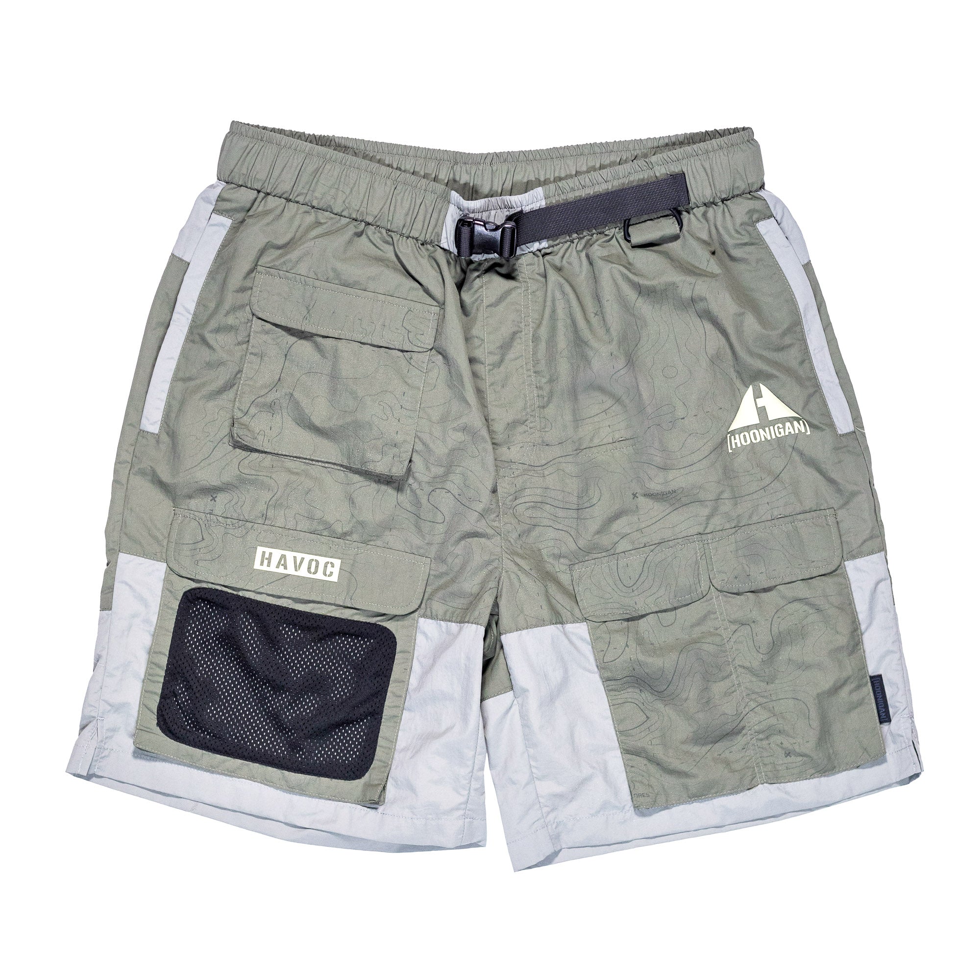 Hoonigan H.A.V.O.C. rain-activated cargo shorts with multiple pockets, adjustable waist, and moisture-sensitive fabric.