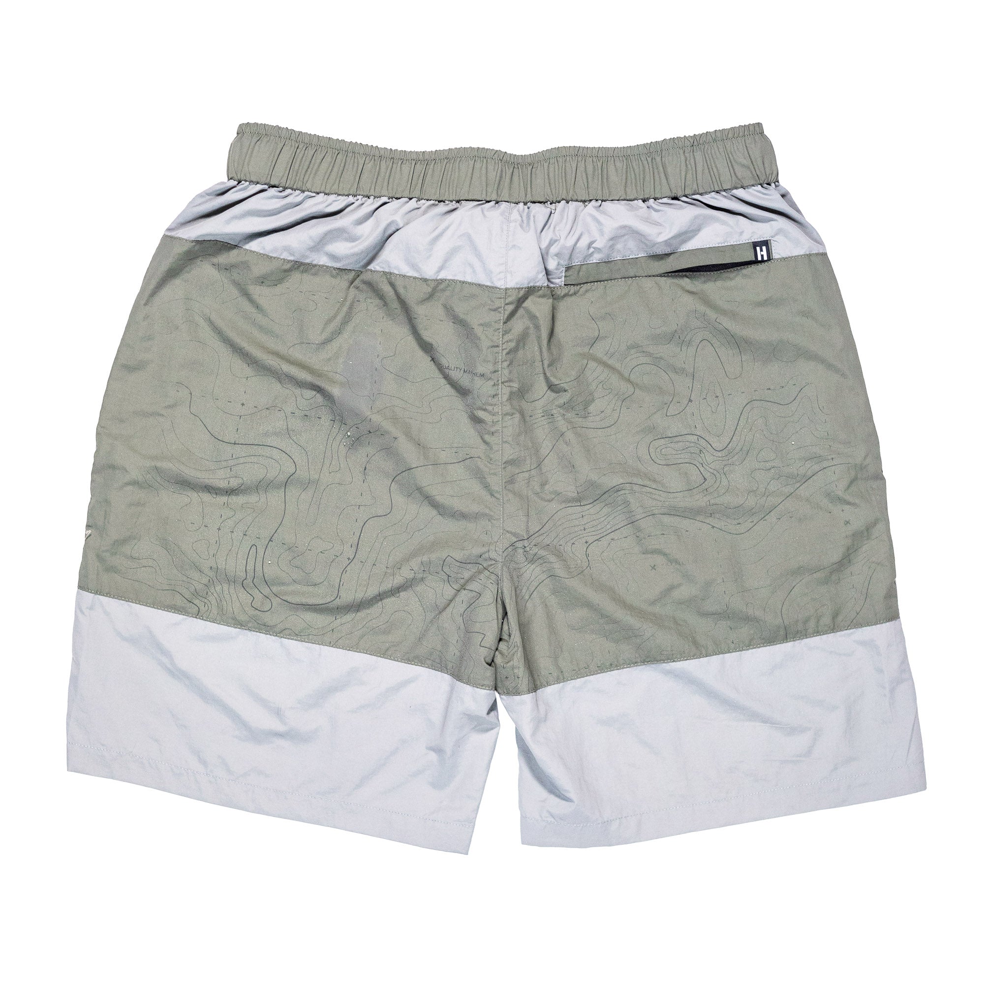 Hoonigan H.A.V.O.C. rain-activated cargo shorts with waterproof fabric, elastic waistband, and topographic print design.