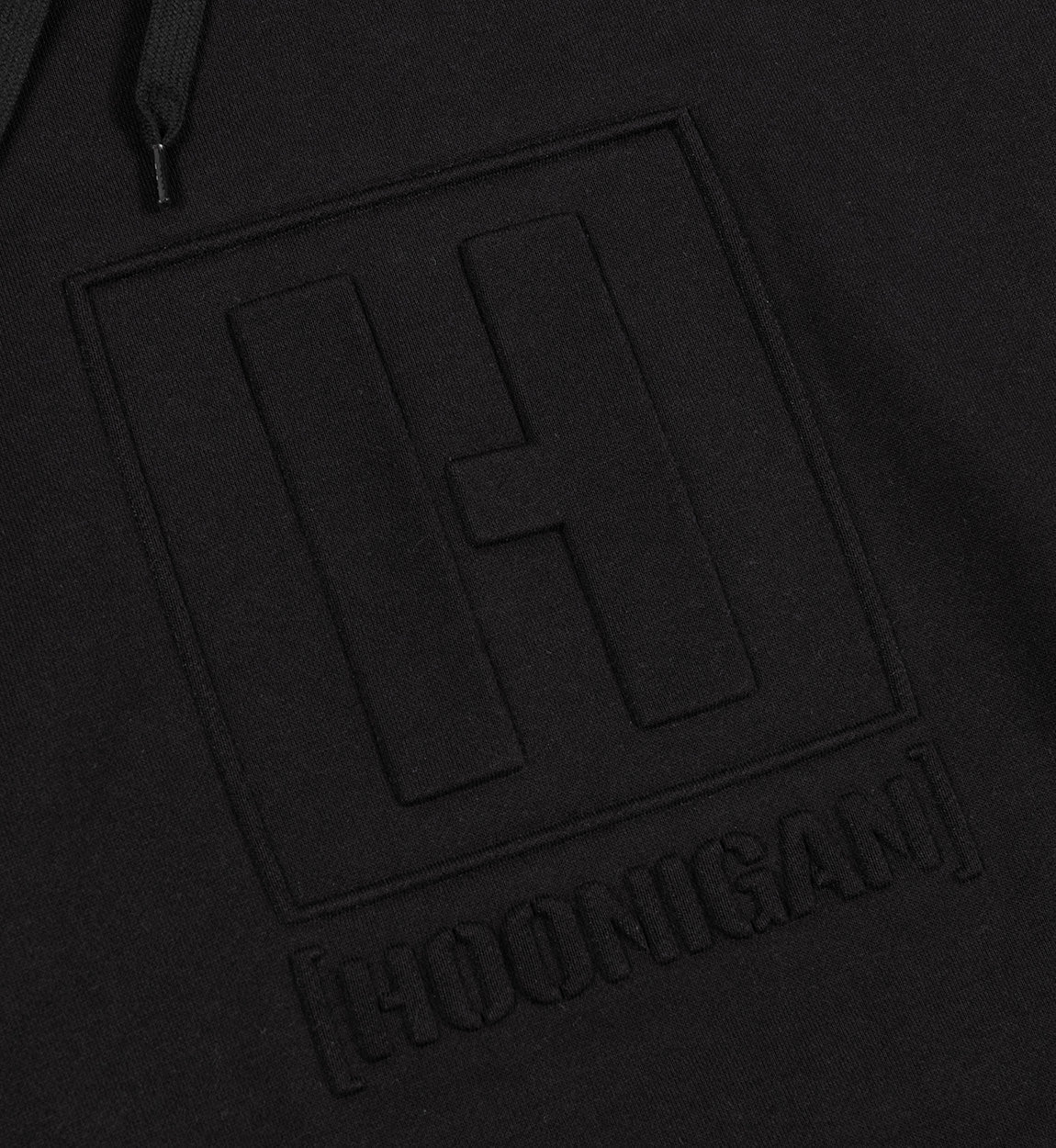 Hoonigan EMBOSSED H-BOX Hoodie in black, featuring a prominent embossed logo on the front, displayed against a neutral background.